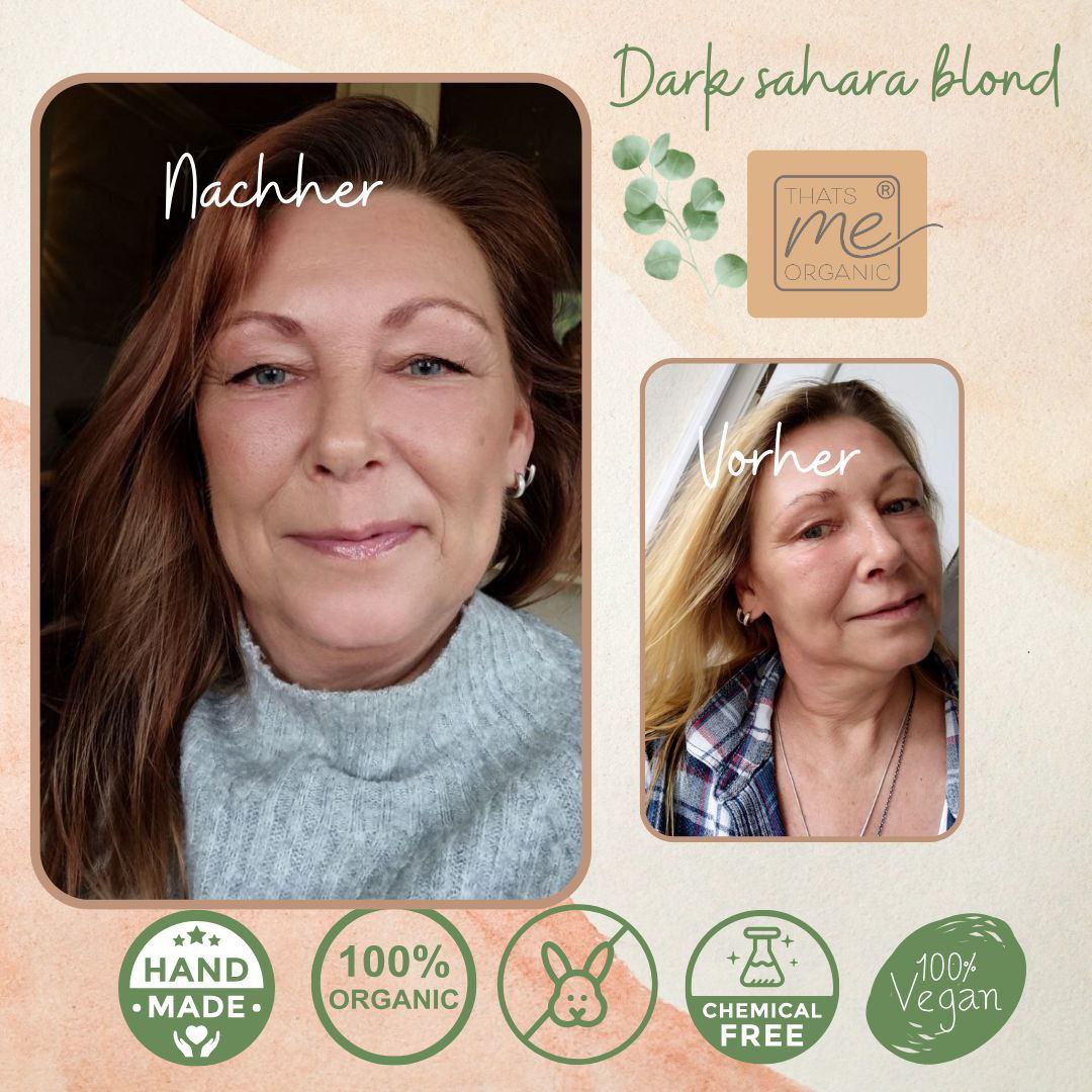 Gegenüberstellung einer Frau vor und nach dem Färben ihrer Haare in dunklem Saharablond; verschiedene Symbole für Bio-Produkte.