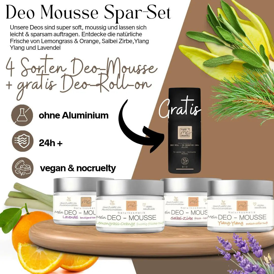 Thats me Organic® Deo-Mousse Set mit vier Tiegeln, einem kostenlosen Roll-on, Kräutern, Blumen und Orangen - natürlich sanfte Frische. Die Produktangaben sind auf weißem Hintergrund abgebildet.