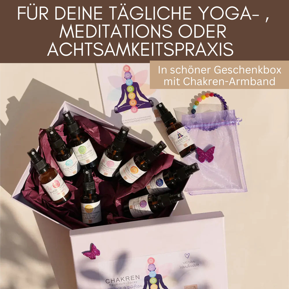 Chakra Aromatherapie Aura-, Raumduft-, Yoga- & Meditationsspray Set in Geschenkbox + Chakra-Edelstein-Armband – für energetische Balance