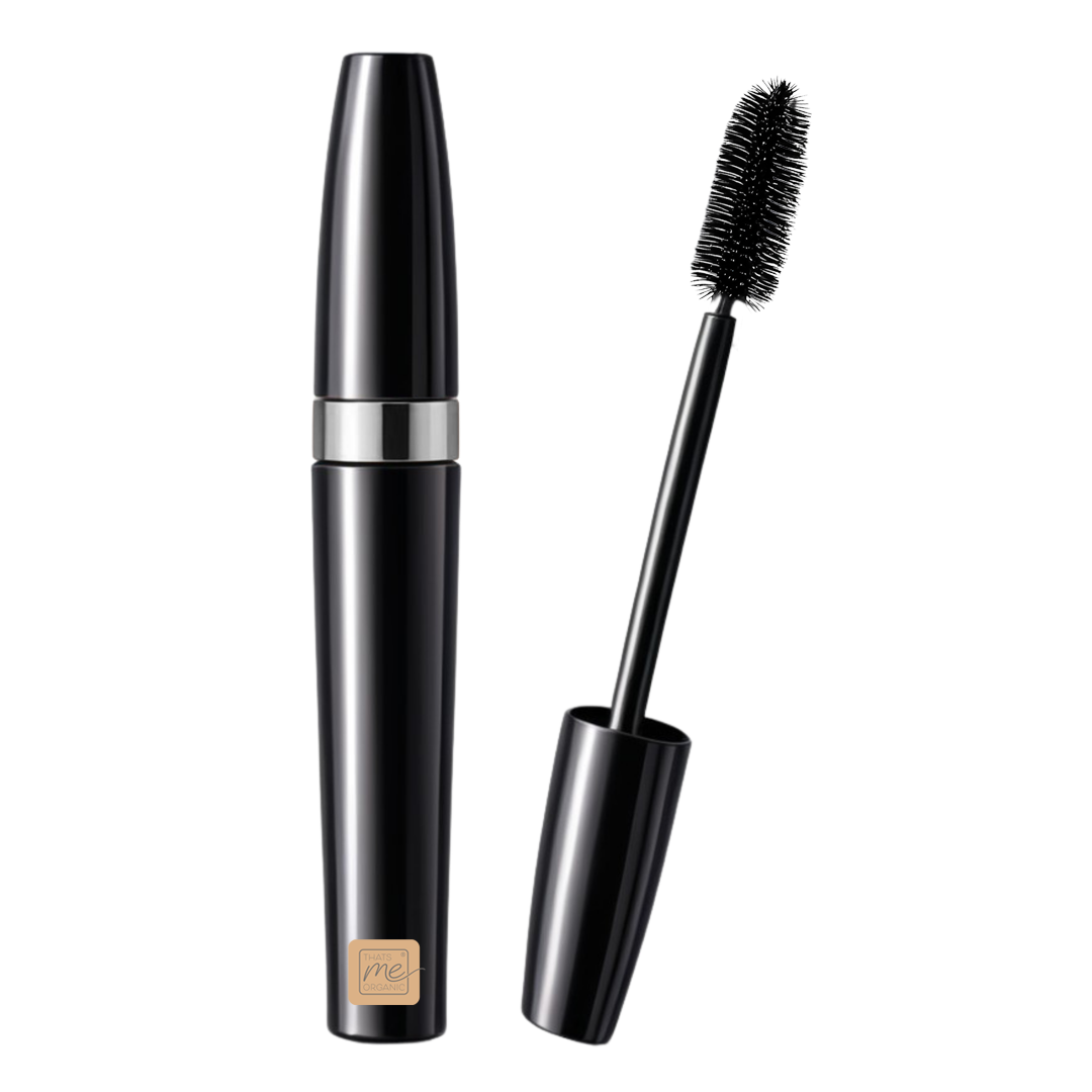 Thats me Organic® Black Bio Mascara Tube mit silbernem Band und Bürstenapplikator auf weißem Hintergrund, hergestellt mit natürlichen Inhaltsstoffen für schwungvolle Wimpern.