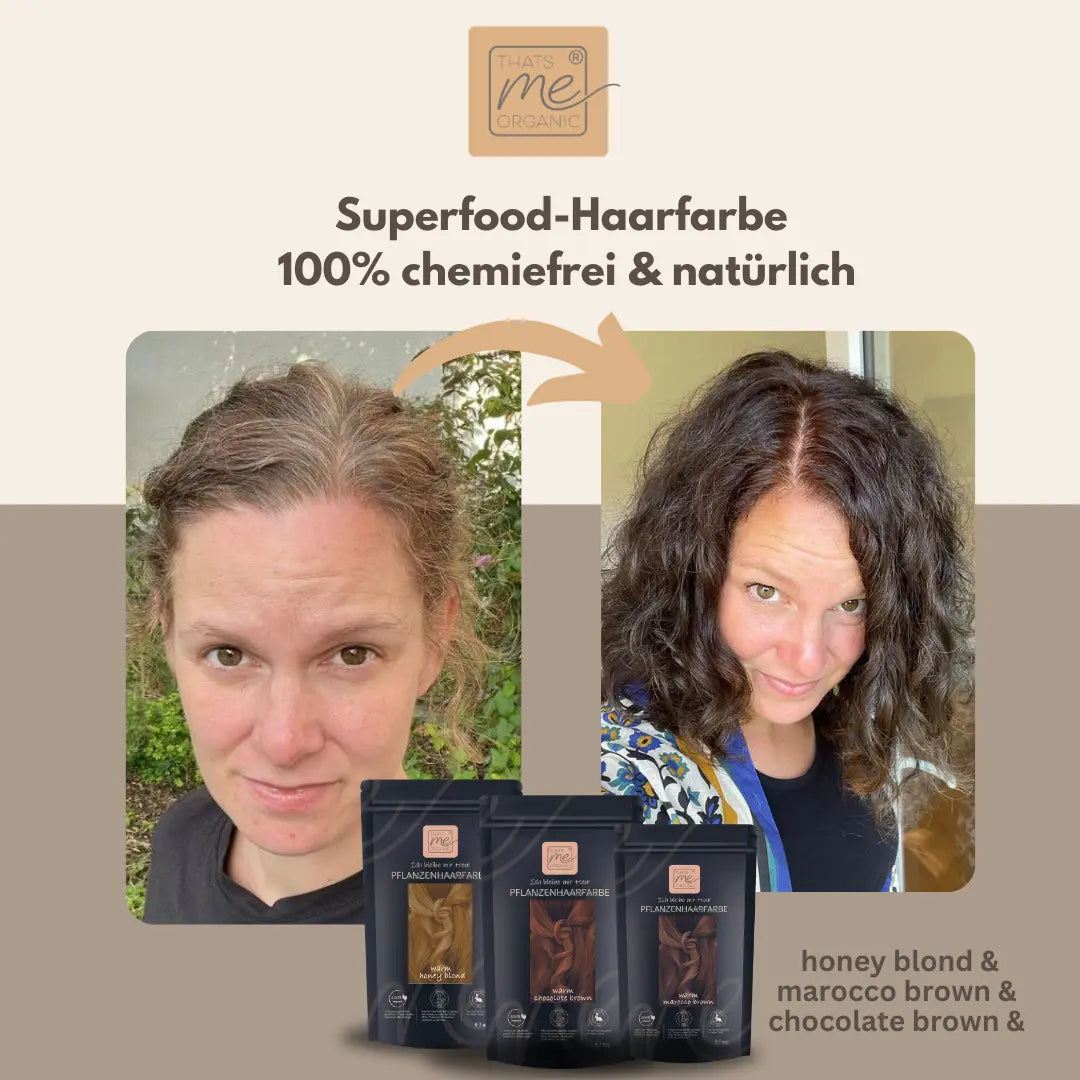 Vorher-Nachher-Fotos einer Frau, die Thats me Organic® Pflanzenhaarfarbe verwendet hat, mit drei natürlichen Haarfärbepaketen und Bio-Shampoo von Thats me Organic® darunter.