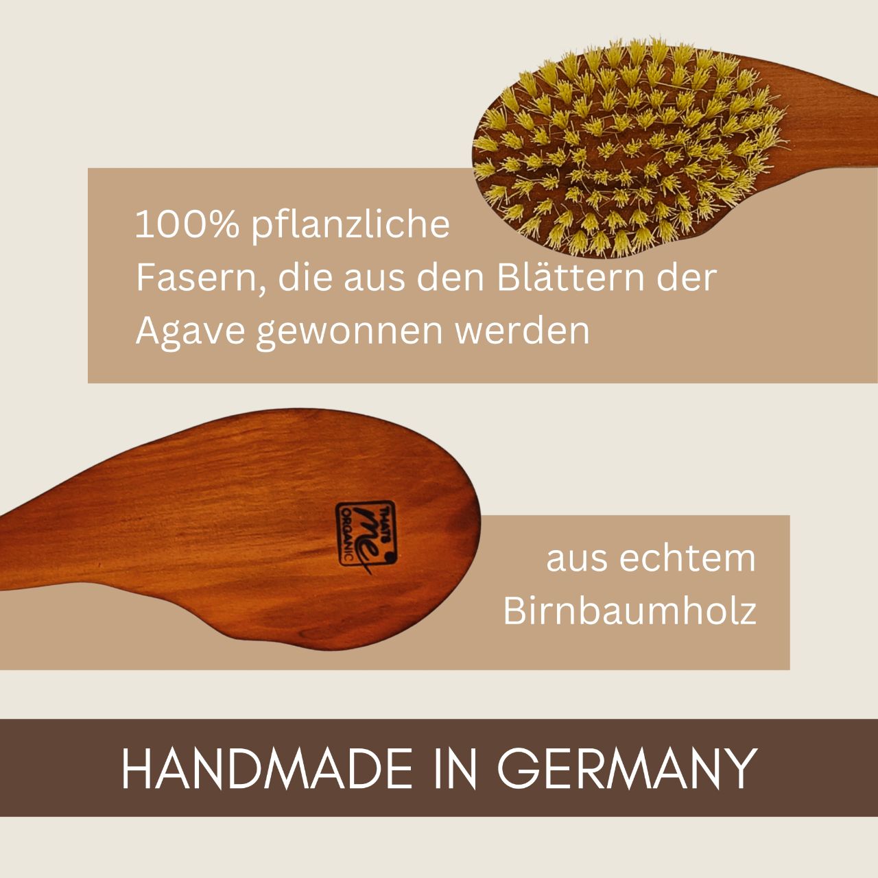 Die in Deutschland aus echtem Birnbaumholz handgefertigte Thats me Organic® Tropfenform Bürste verfügt über Agavenfaserborsten und ist für eine sanfte, vegane Haarpflege konzipiert.