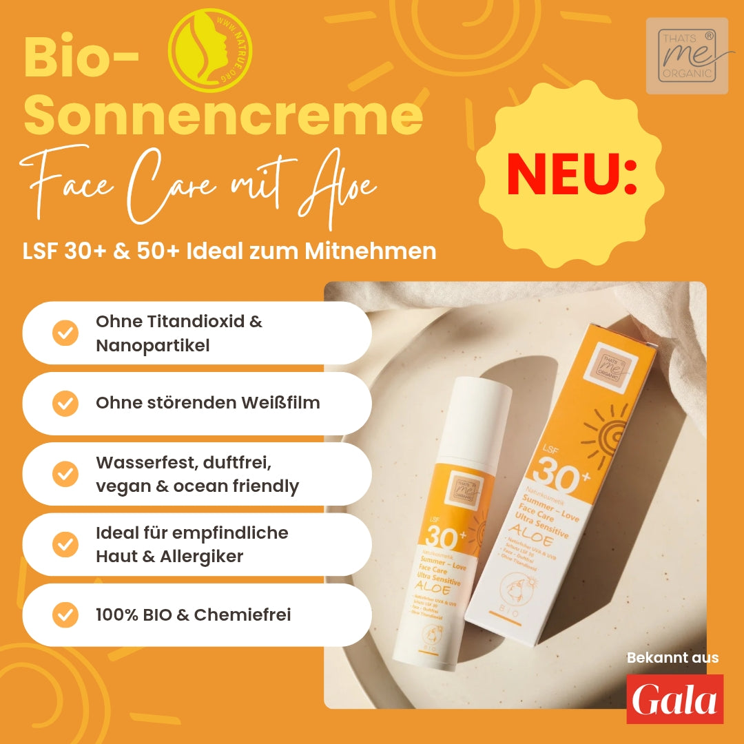 Orangefarbene Anzeige für Thats me Organic® Bio Sonnencreme LSF 30+, zeigt Produktbild und wichtige Vorteile mit Icons auf Deutsch. Perfekt für Sonnenschutz ohne Titandioxid.