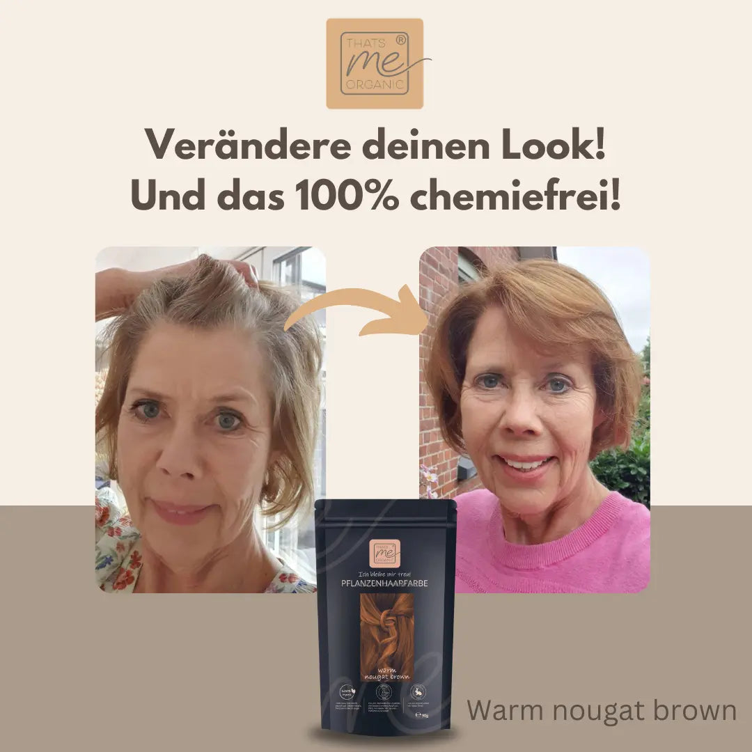 Vorher- und Nachher-Fotos zeigen eine Frau, die das Thats me Organic® Warm Nougat Brown Haarfärbemittel verwendet hat, angereichert mit natürlicher Haarpflege und Bio-Shampoo für gesünderes, glänzendes Haar.