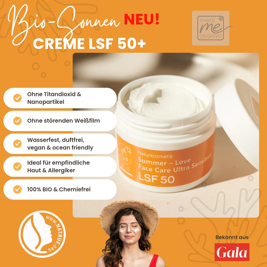 Thats me Organic® Sonnencreme LSF 50+ mit UVA & UVB Schutz und Produktvorteilen; unter dem Produkt eine lächelnde Frau mit Sonnenhut - ohne Titandioxid.