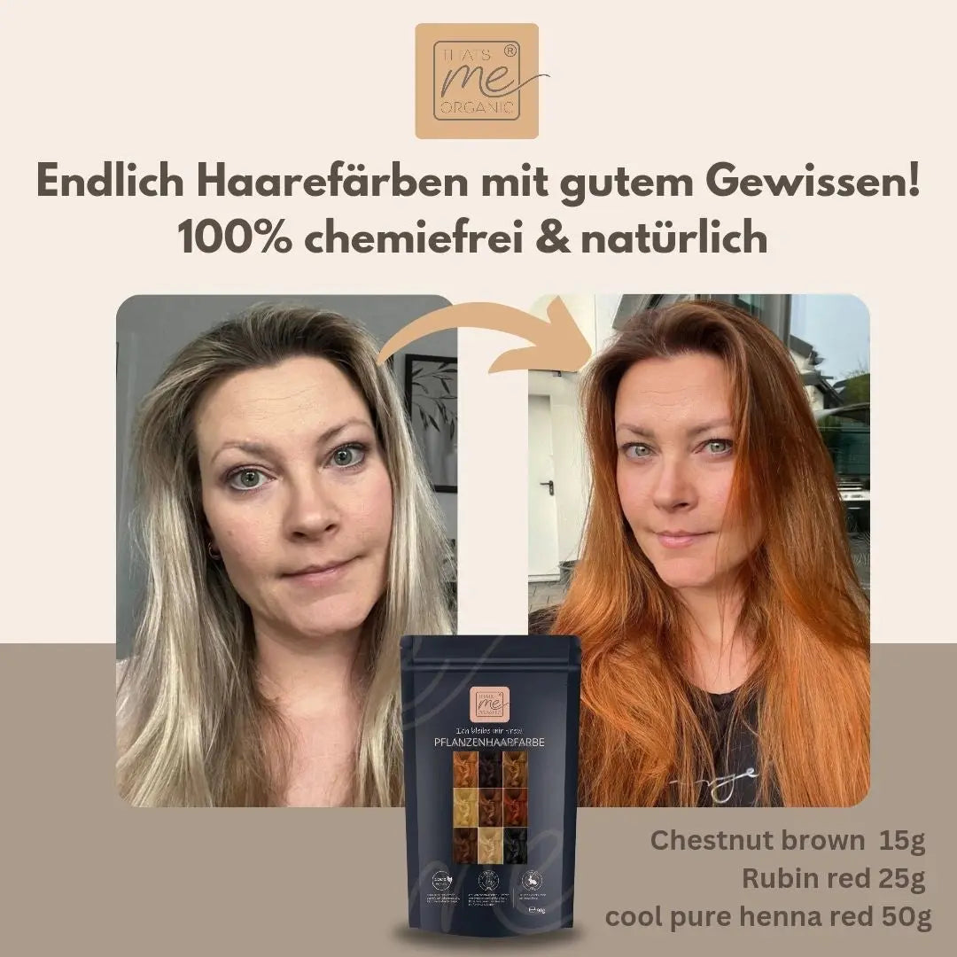 Vorher- und Nachher-Fotos einer Frau mit rot gefärbtem Haar, das mit Thats me Organic® natürlicher Haarpflege und chemiefreier Pflanzenhaarfarbe für lebendige, gesunde Ergebnisse gefärbt wurde.