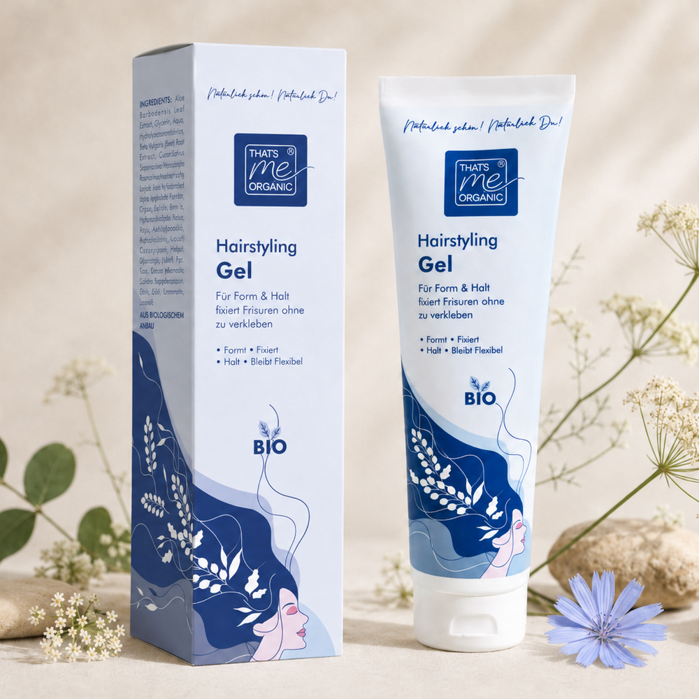 Thats me organic Styling Gel - "Die Uschi" auf einem Beigenenen Hintergrund mit Blumen & Steinen