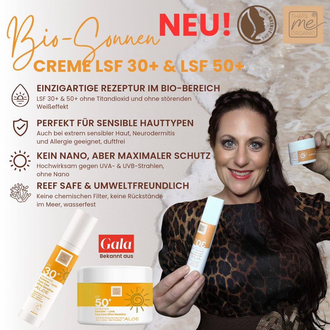Eine Frau hält Thats me Organic®-Sonnenschutzmittel in der Hand; der Text hebt die Vorteile der Bio-Sonnencreme LSF 50+ mit UVA/UVB-Schutz, frei von Titandioxid, plus LSF 30+ hervor - alles auf einem beigen Hintergrund.