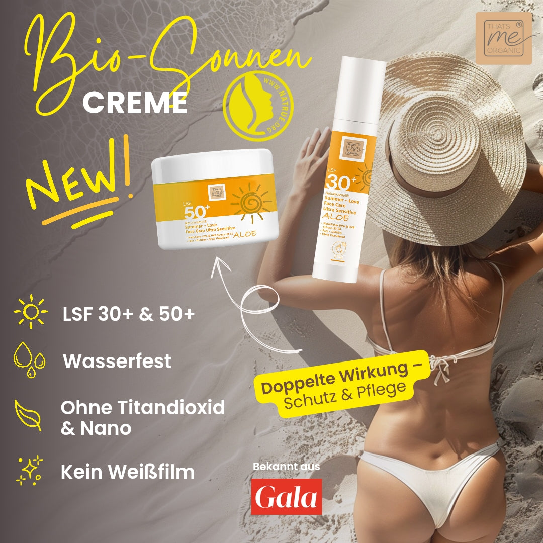 Eine Frau mit Sonnenhut entspannt sich am Strand neben der Thats me Organic® Bio Sonnencreme LSF 30+ und 50+ und genießt die natürlichen Vorteile und den effektiven Sonnenschutz ohne Titandioxid.