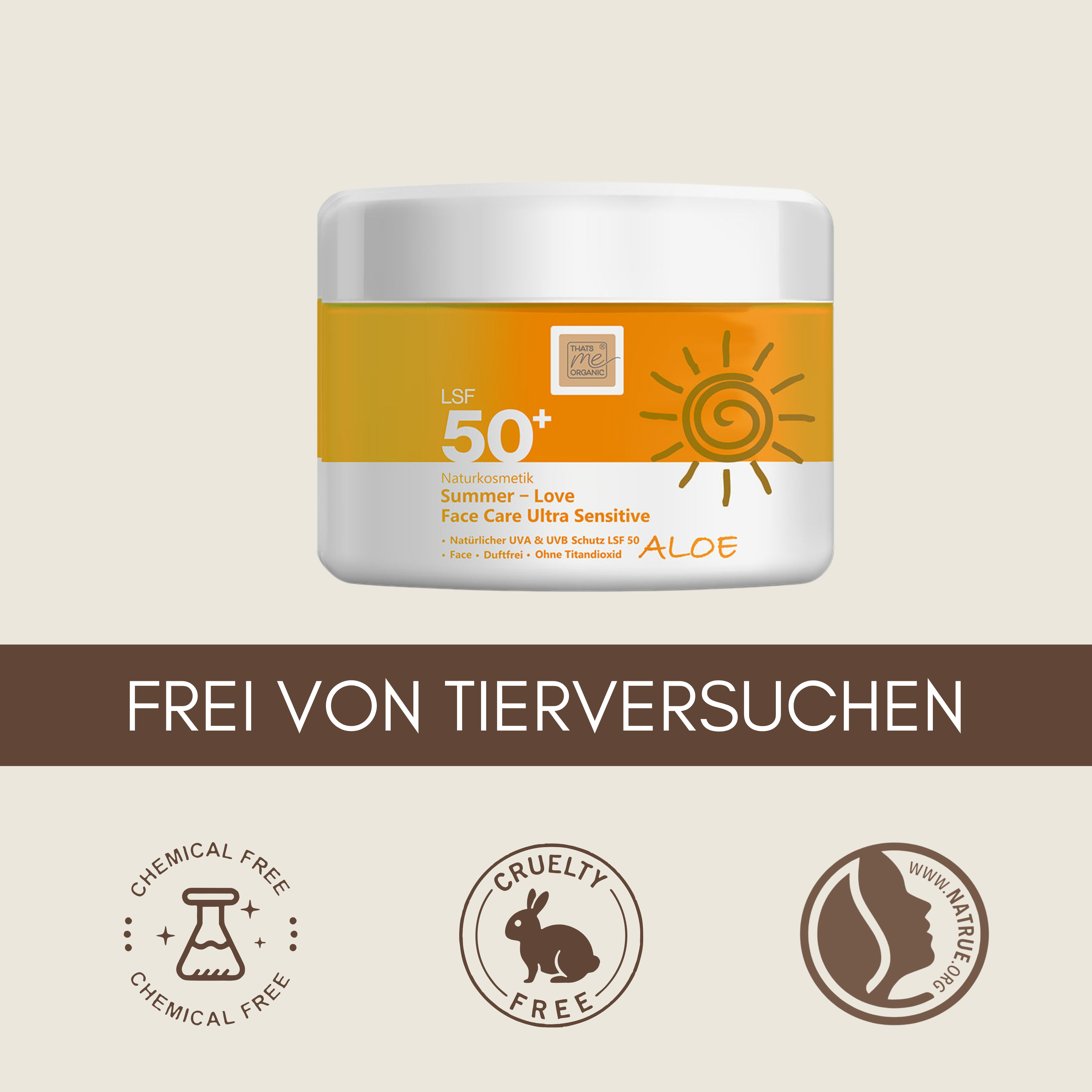 Weißer Tiegel der Thats me Organic® Sonnencreme LSF 50+ mit Sonnengrafik, grausam-freien Symbolen, "frei von Tierversuchen"-Etikett und bietet zuverlässigen UVA- & UVB-Schutz.