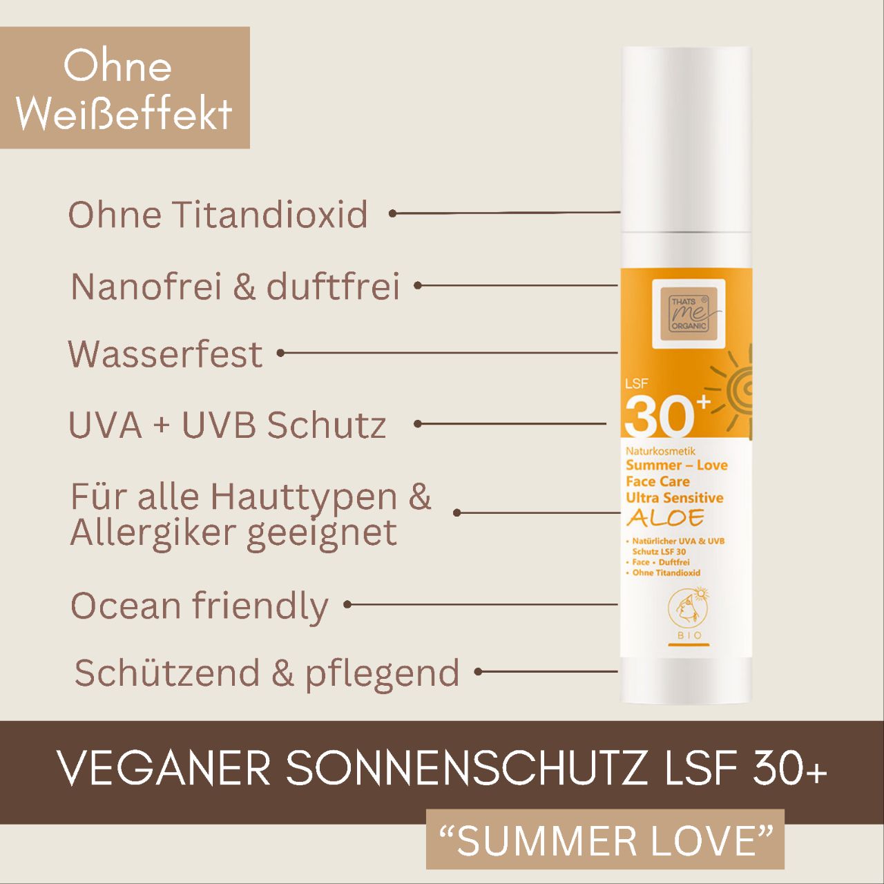 Thats me Organic® vegane Sonnencreme mit LSF 30+ ist meeresfreundlich, allergenfrei und NATRUE-zertifiziert - perfekt für Ihr Sonnenspray-Set.