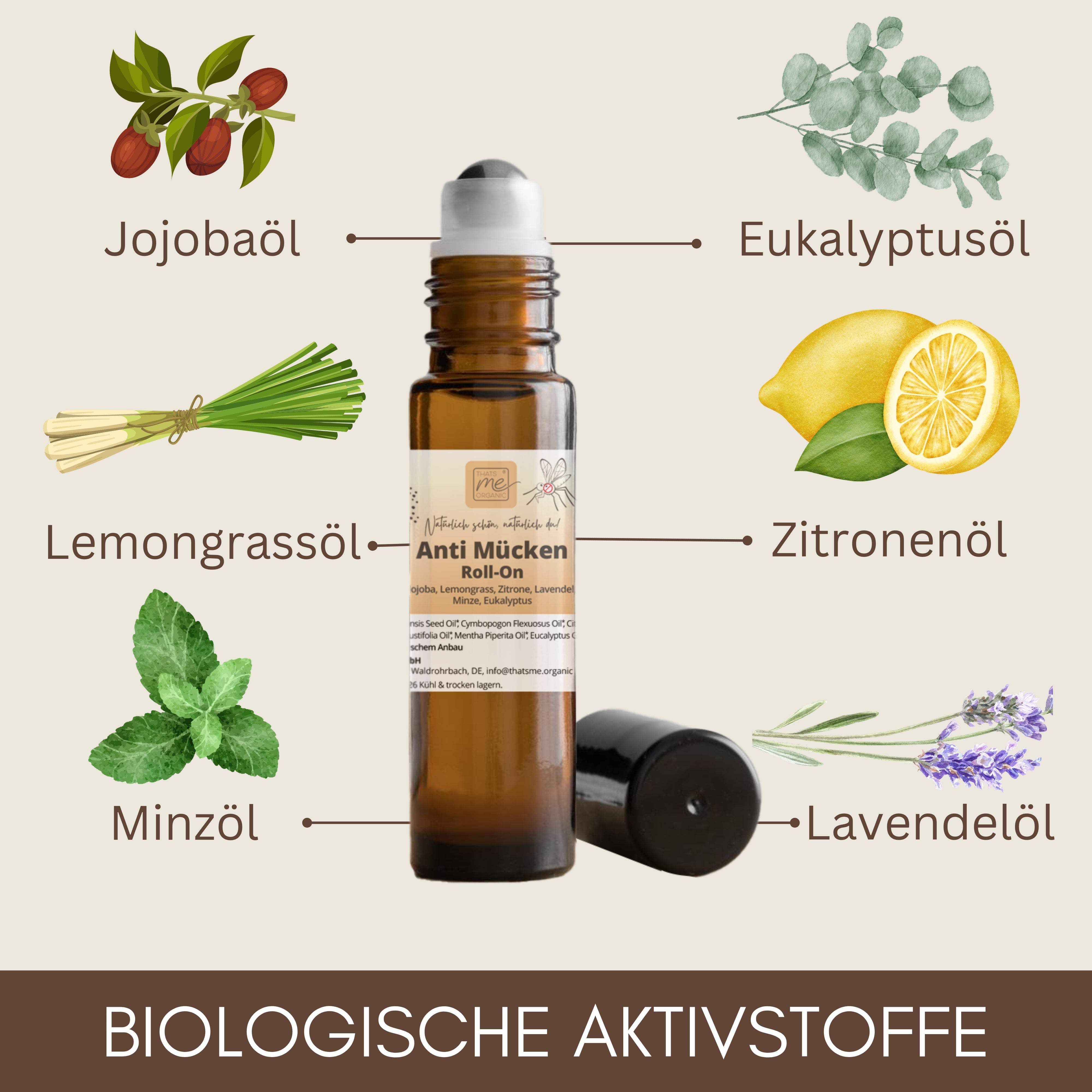 Thats me Organic® braune Roll-on-Flasche mit pflanzlichen Ölen, hier mit Zeichnungen von Jojoba, Eukalyptus, Zitrone, Minze und Lavendel - ideal für die natürliche Pflege. NATRUE-zertifiziert für vertrauenswürdige Qualität.