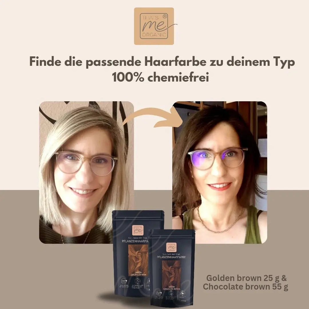 Zwei Fotos zeigen eine Frau vor und nach der Anwendung von Thats me Organic® Pflanzenhaarfarbe, Bio-Shampoo und Natur-Haarpflegeprodukten, darunter sowie deutschem Text darüber.
