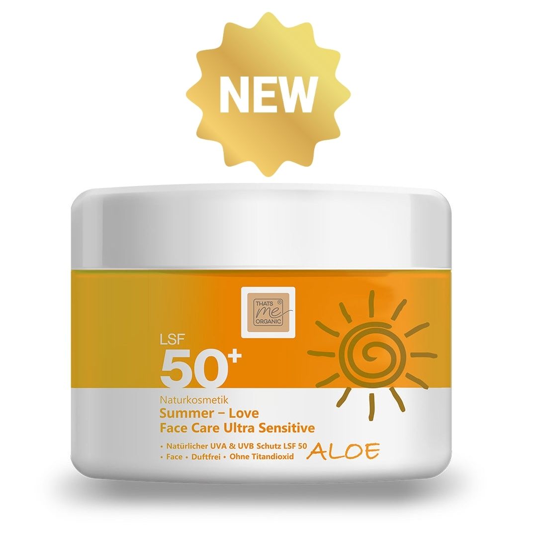 Ein Tiegel Thats me Organic® Summer Love Sonnencreme LSF 50+ Gesichtscreme mit Aloe, UVA- und UVB-Schutz, einer Sonnengrafik und einem "NEW"-Etikett darüber.