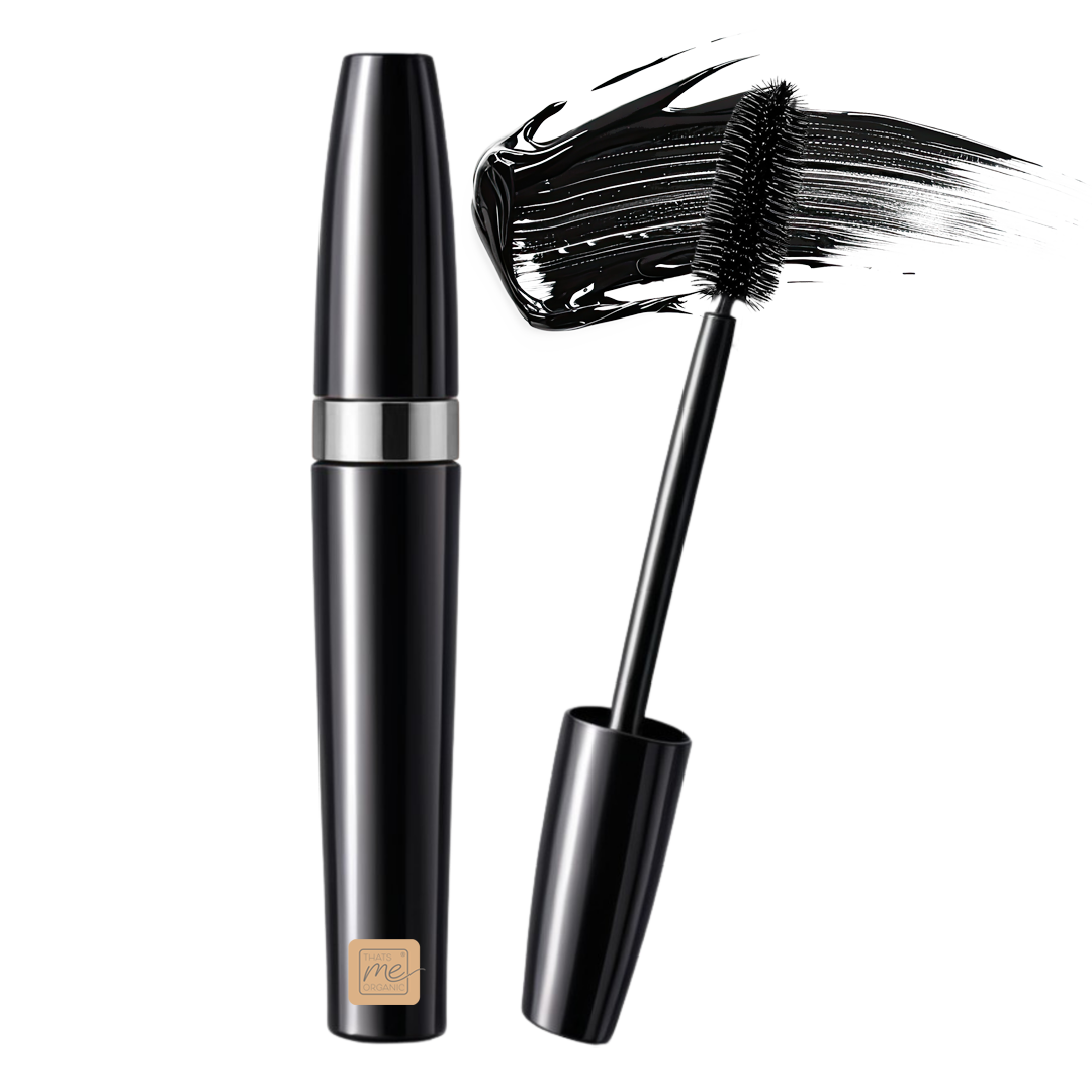 Thats me Organic® Black Mega Volume Mascara Tube mit Stift und einem Streifen schwarzer Bio Wimperntusche, hergestellt aus natürlichen Inhaltsstoffen, abgebildet auf weißem Hintergrund.