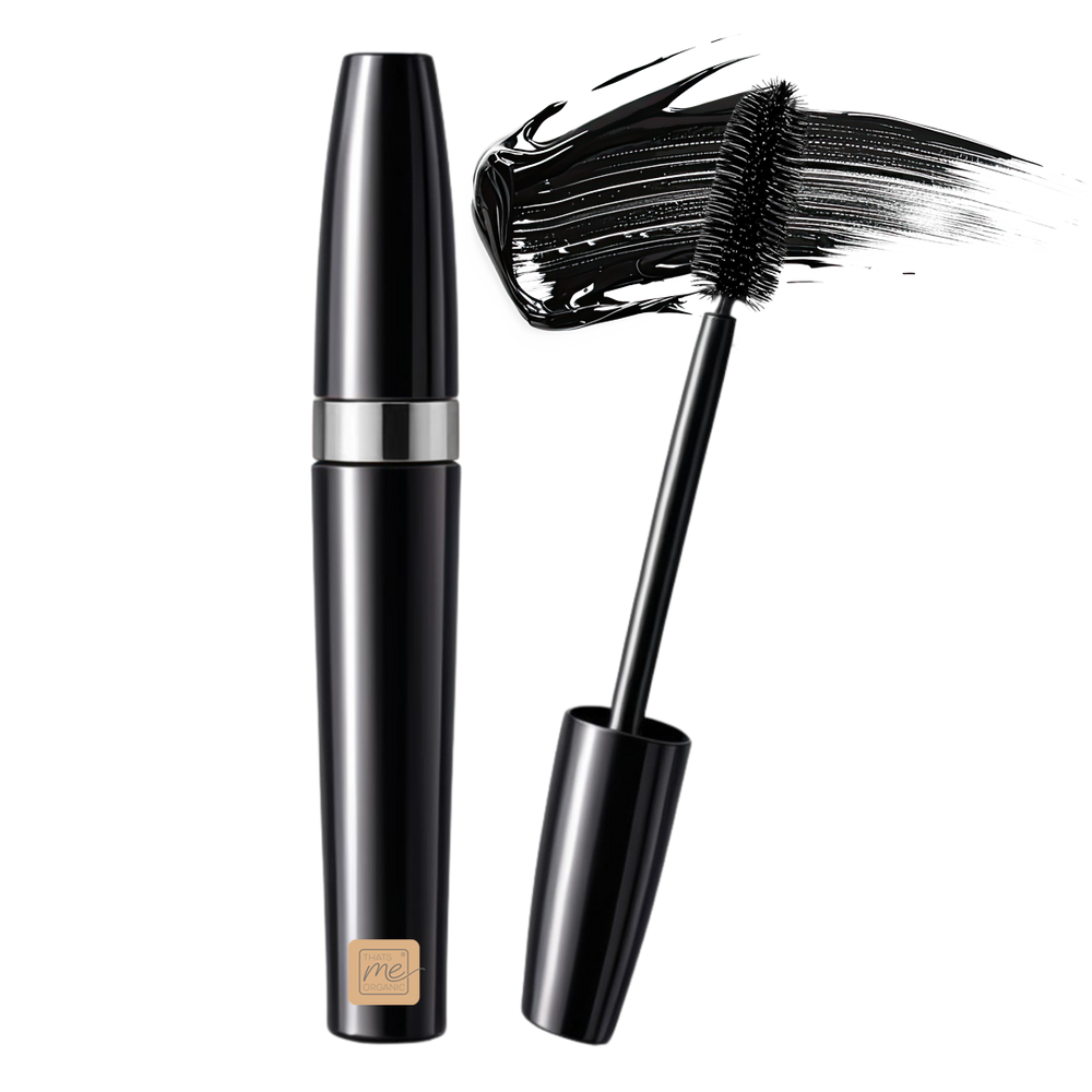 Thats me Organic® Black Mega Volume Mascara Tube mit Stift und einem Streifen schwarzer Bio Wimperntusche, hergestellt aus natürlichen Inhaltsstoffen, abgebildet auf weißem Hintergrund.