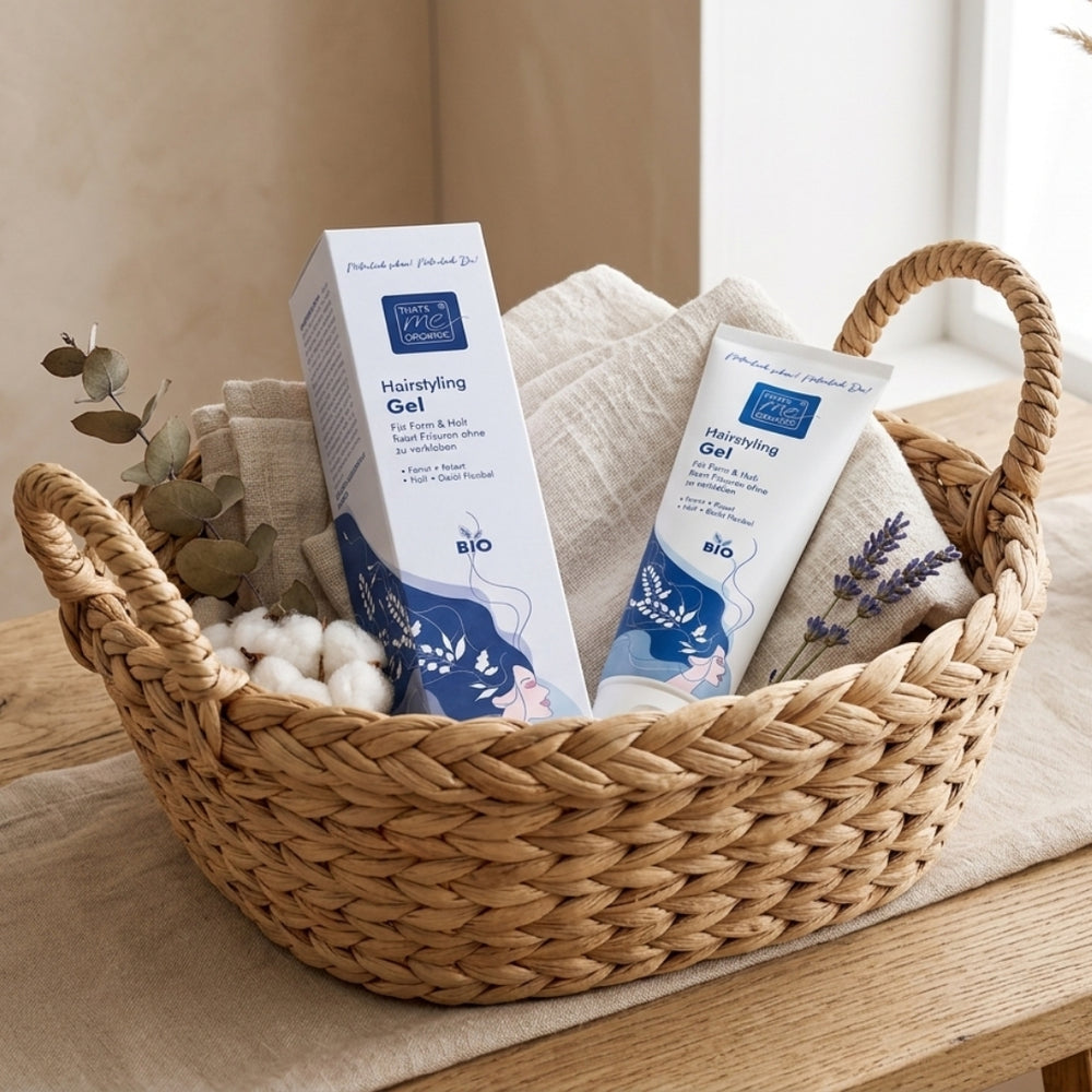 Thats me organic Styling Gel - "Die Uschi" in einem schönen Korb auf einem Leinentuch neben Eukalyptus, Baumwolle & Lavendel