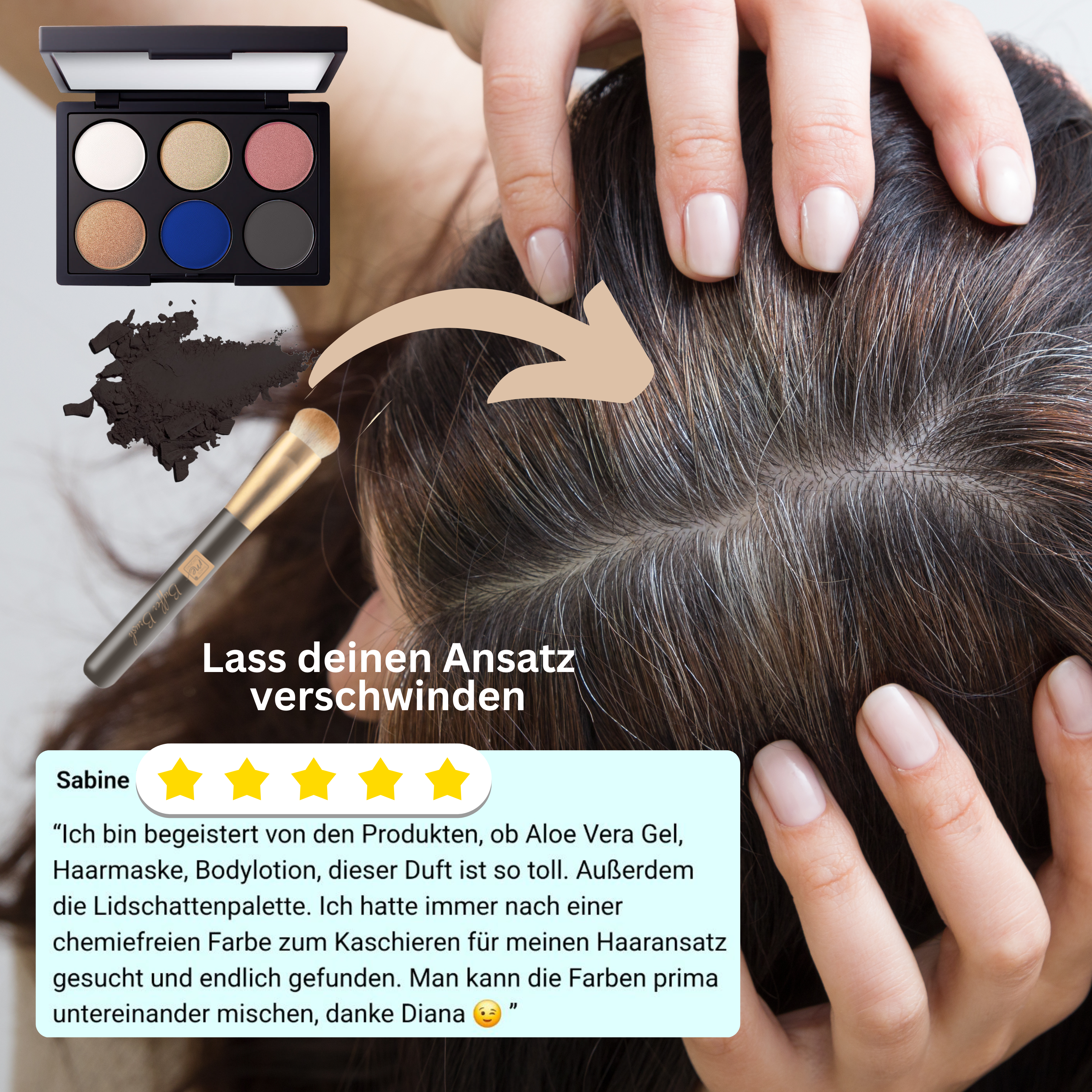 Eine Hand verwendet eine Thats me Organic® natürliche Lidschattenpalette, um dunklen Puder auf graue Haaransätze aufzutragen, wobei Schminkutensilien und eine positive Bewertung sichtbar sind.