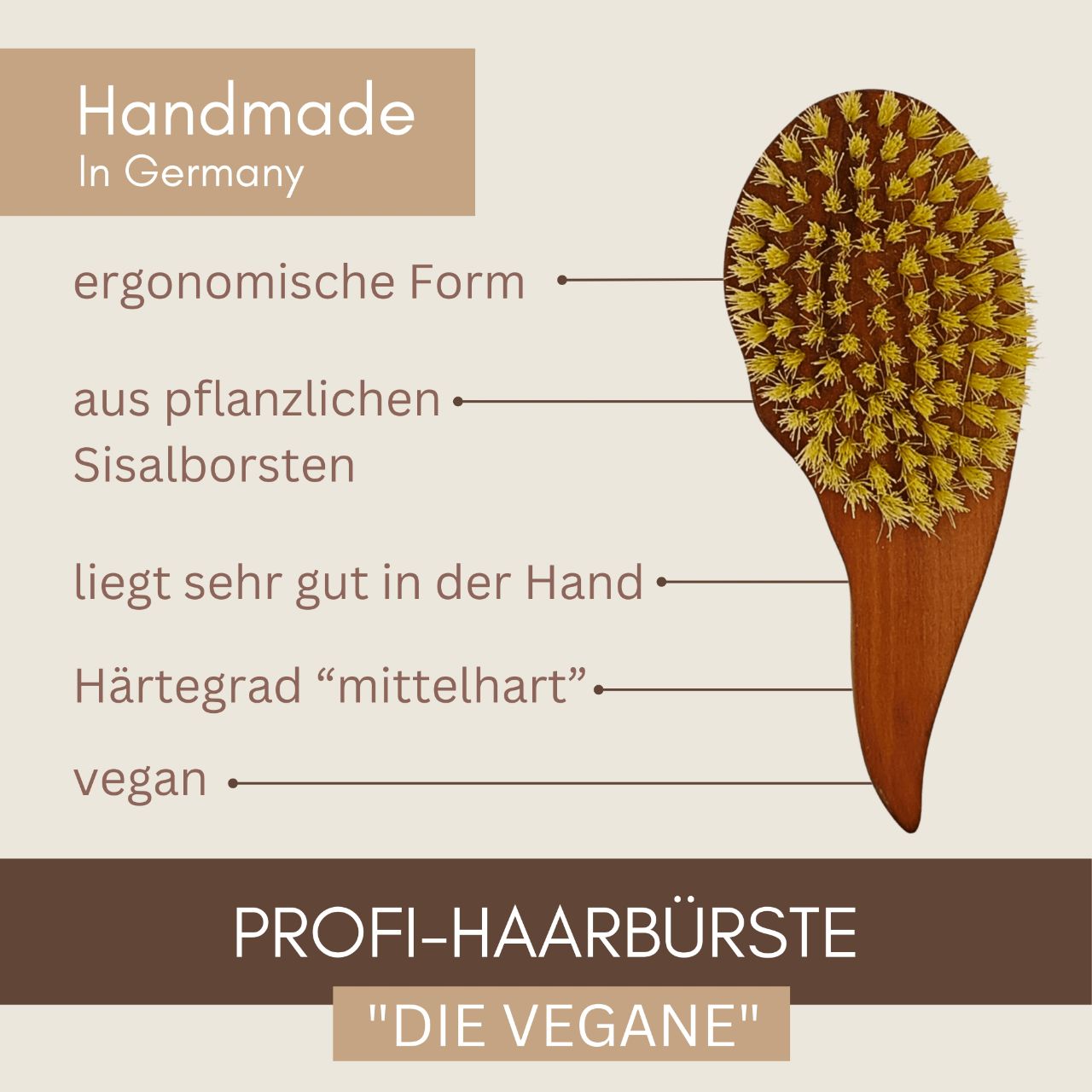 Die vegane Thats me organic® Haarbürste mit pflanzlichen Sisalborsten und ergonomischem Holzgriff pflegt sanft, fördert Haarwachstum und kommt mit deutscher Beschriftung.