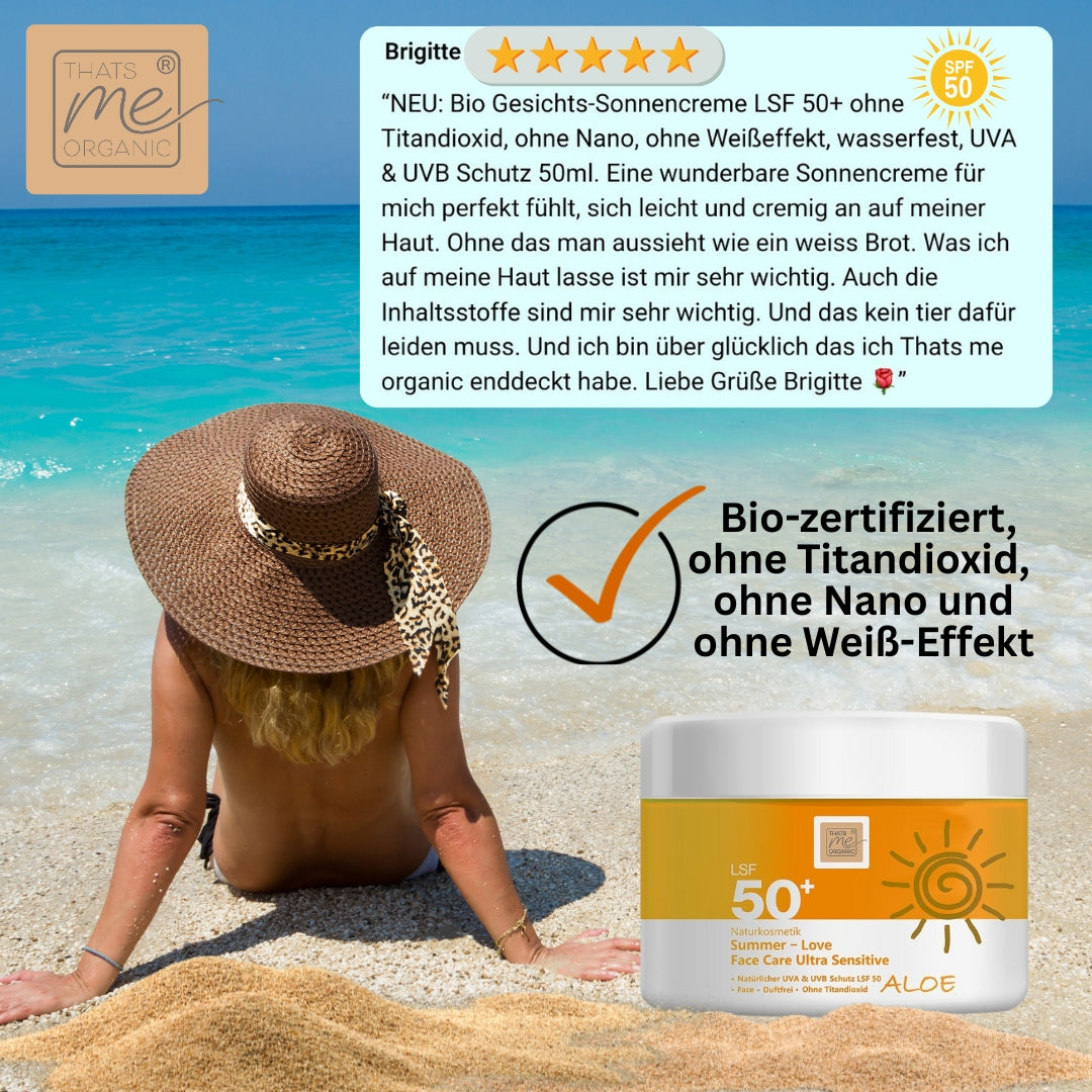 Eine Frau mit Strohhut sitzt am Strand; Thats me Organic® Sonnencreme LSF 50+ mit UVA- und UVB-Schutz sowie ihre Vorteile werden im Bild angezeigt.