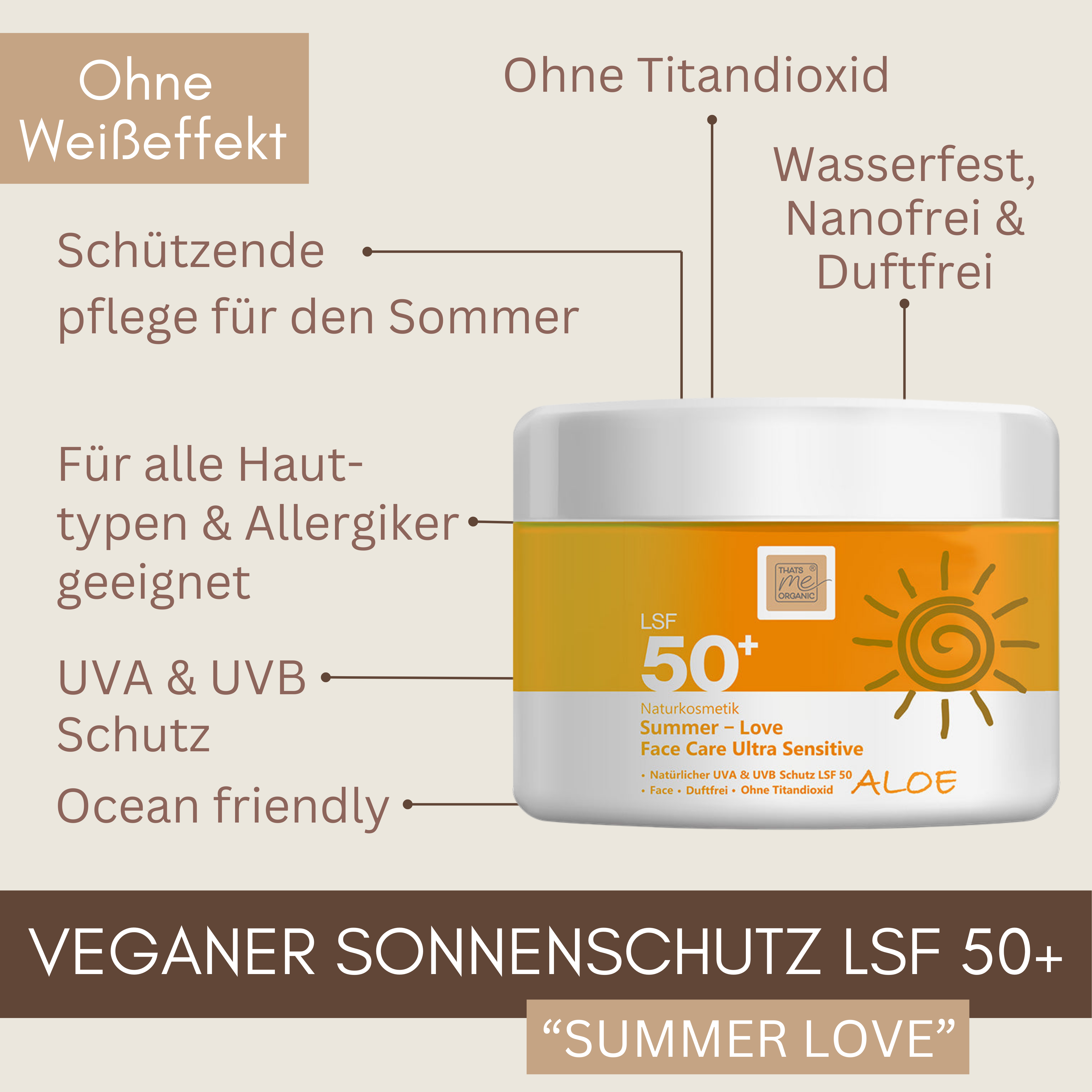 Thats me Organic® Vegane Sonnencreme LSF 50+ Summer Love im weiß-orangenen Tiegel, auf Deutsch mit "UVA und UVB Schutz" sowie "ohne Titandioxid" rundum hervorgehoben.