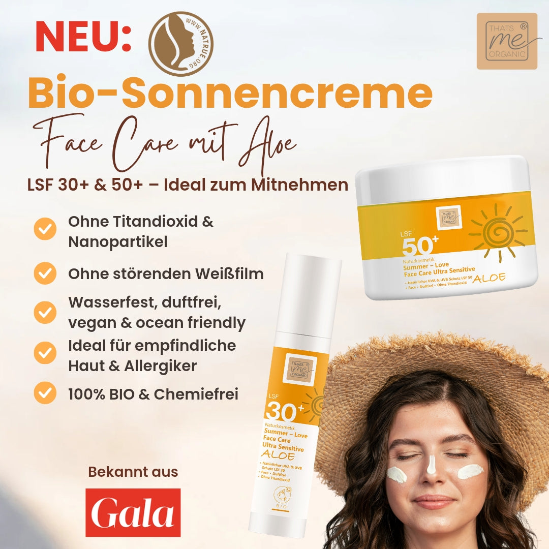 Thats me Organic® Bio-Sonnencreme LSF 30+, ohne Titandioxid: Frau trägt Creme im Gesicht. Produktdarstellungen und Text betonen den zuverlässigen täglichen Sonnenschutz.