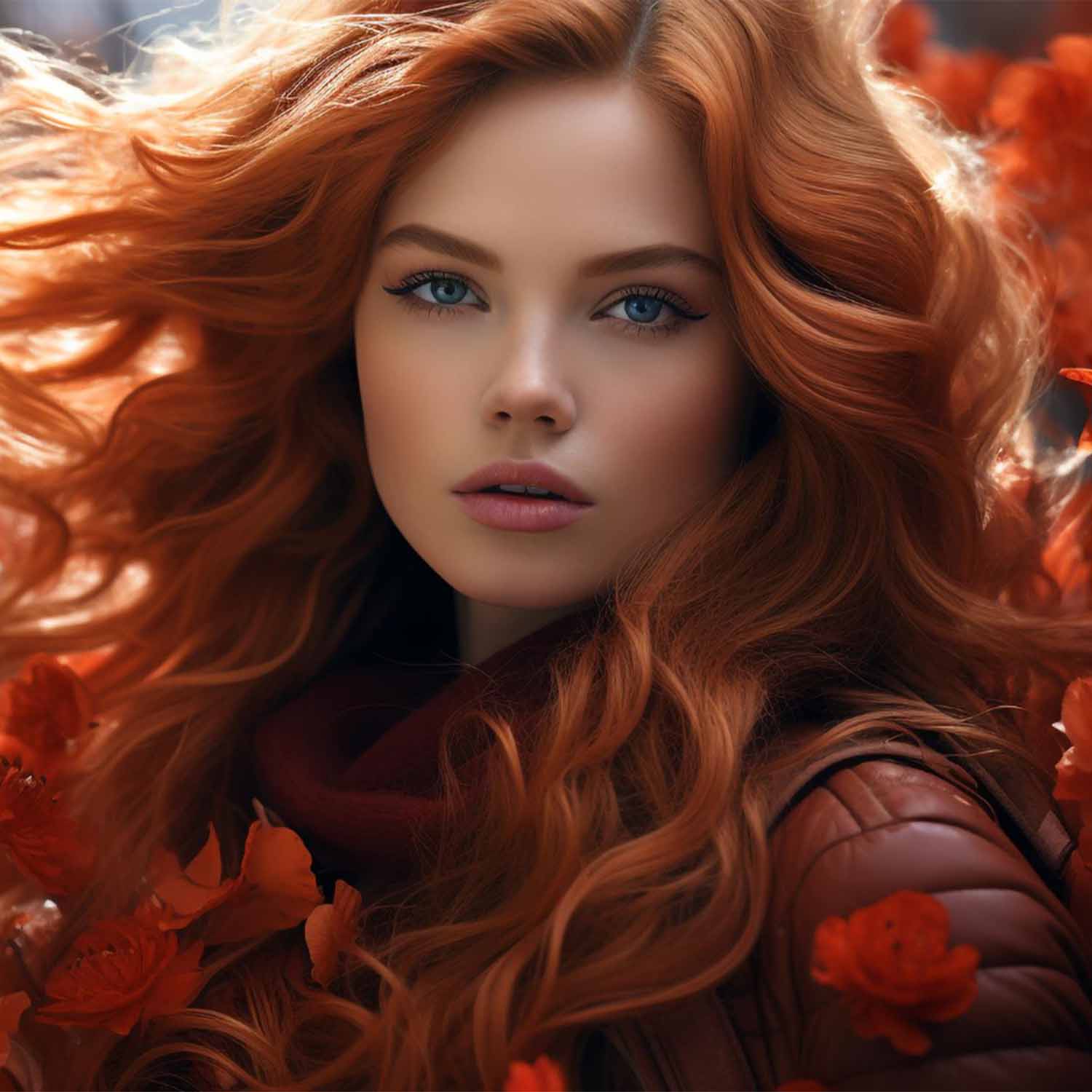 Frau mit langen roten Haaren und blauen Augen, umgeben von orangefarbenen Blumen, trägt eine braune Jacke.