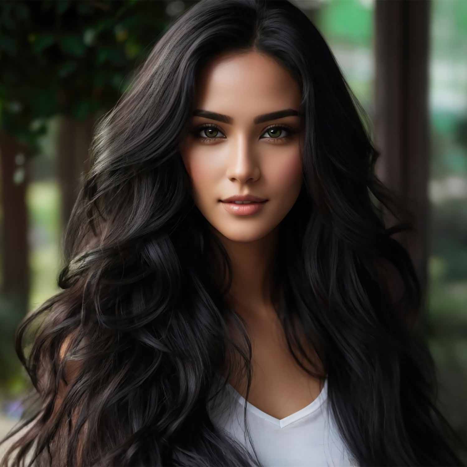 Frau mit langem, gewelltem, dunklem Haar, weißes Oberteil, lächelt sanft, im Freien mit Grün hinter ihr.