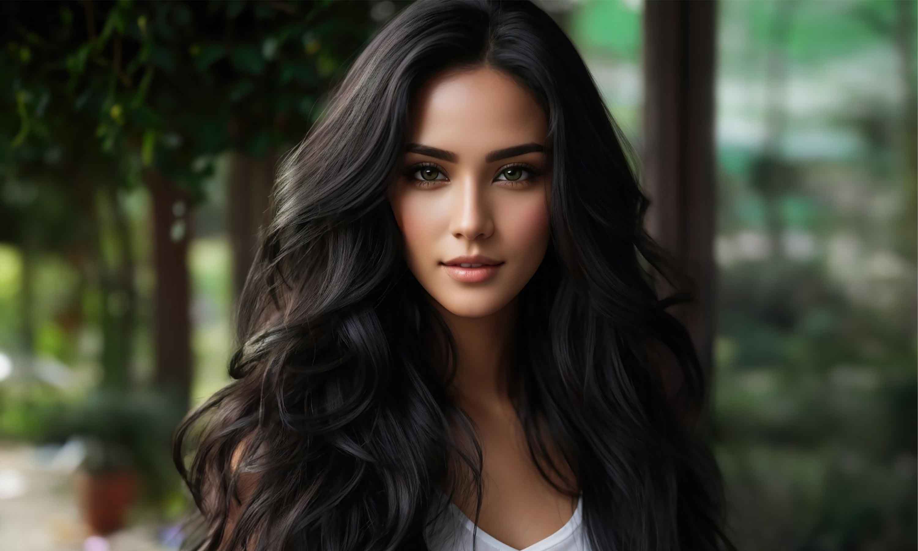 Eine Frau mit langem, gewelltem, dunklem Haar und weißem Oberteil steht im Freien, mit Grünzeug im Hintergrund.