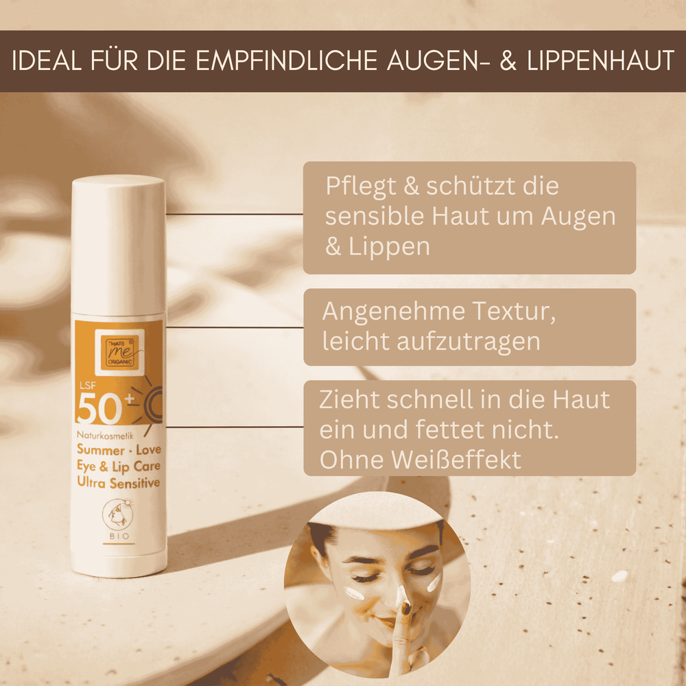 Bio Sonnenschutz für Augen und Lippen mit LSF 50 – pflegt sensible Haut, zieht schnell ein und schützt zuverlässig ohne Weißeffekt.