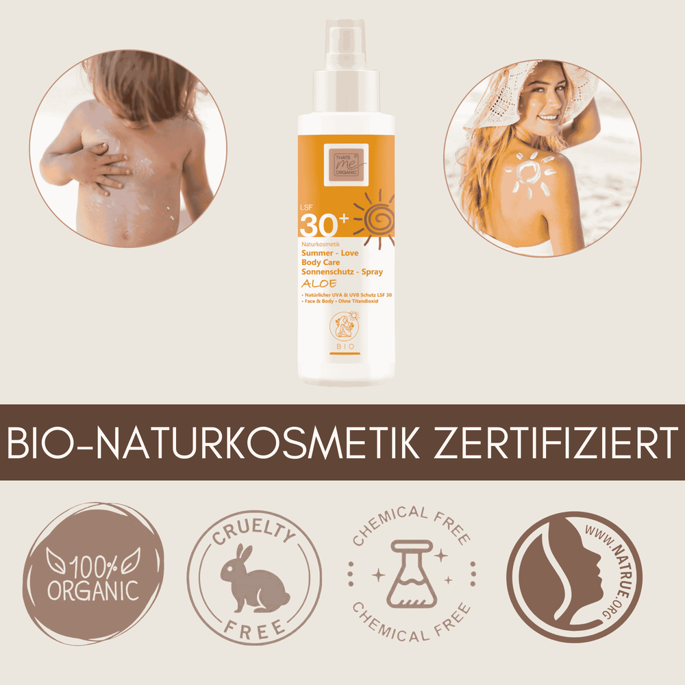 Summer Love Body Care Sonnenschutz Spray Aloe LSF 30 ist zertifizierte Bio Naturkosmetik, vegan, tierversuchsfrei und frei von schädlichen Inhaltsstoffen
