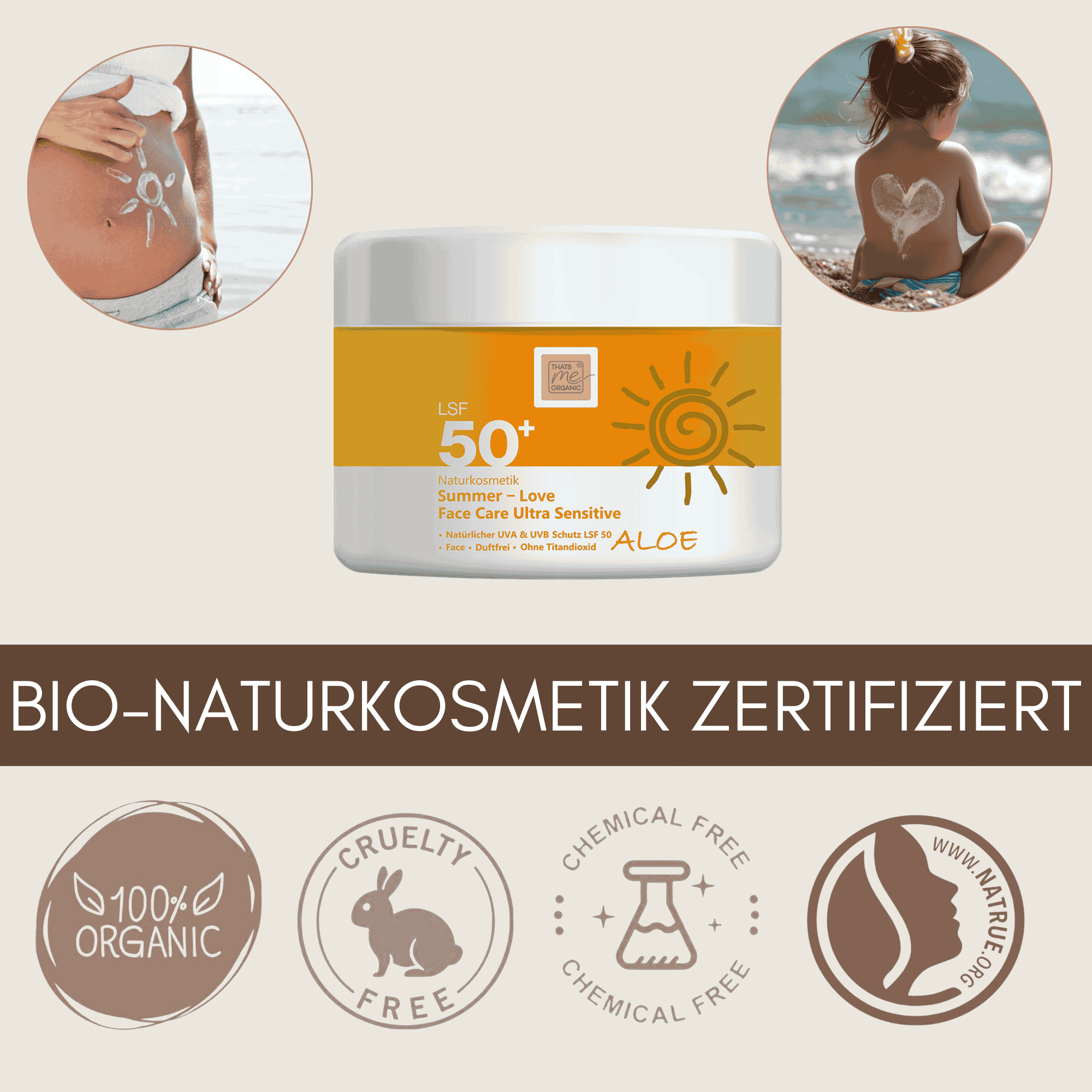 Summer Love Face Care Ultra Sensitive Aloe LSF 50 ist zertifizierte Bio Naturkosmetik nach Natrue Standard, vegan und cruelty free