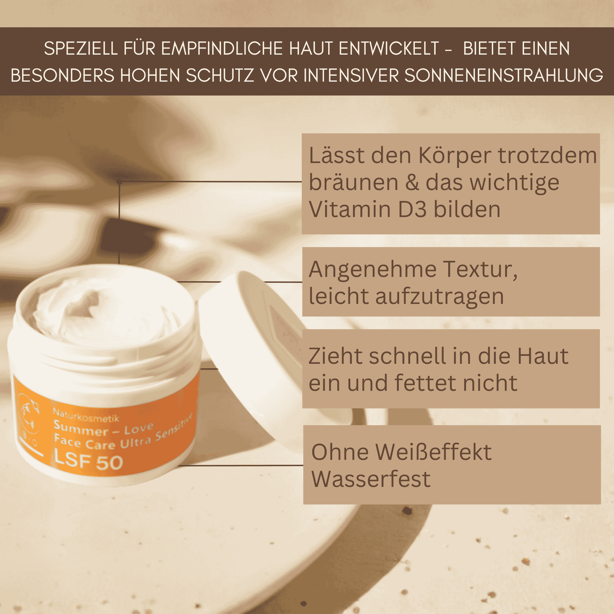 Summer Love Face Care Ultra Sensitive Aloe LSF 50 hat eine angenehme Textur, lässt sich leicht auftragen, zieht schnell ein und hinterlässt keinen fettigen Film