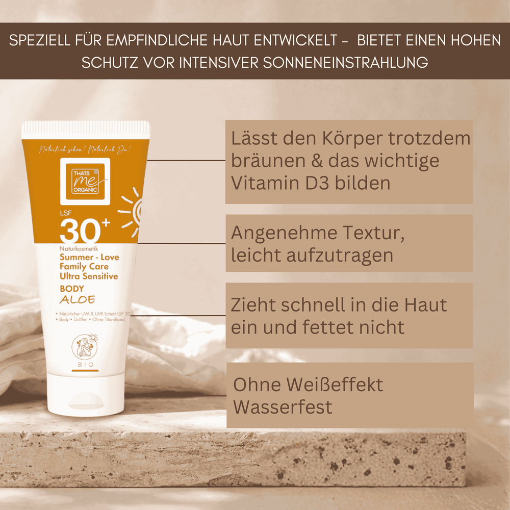 Summer Love Family Care Body Aloe LSF 30 bietet zuverlässigen Sonnenschutz für empfindliche Haut, zieht schnell ein, klebt nicht und hinterlässt keinen Weißeffekt