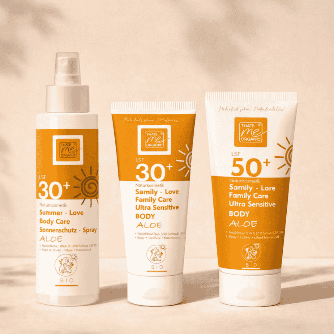 Summer Love Family Care Body Aloe Sonnenschutz Set LSF 30 und LSF 50 von Thats me organic – Übersicht aus Spray und Tube für die ganze Familie und empfindliche Haut