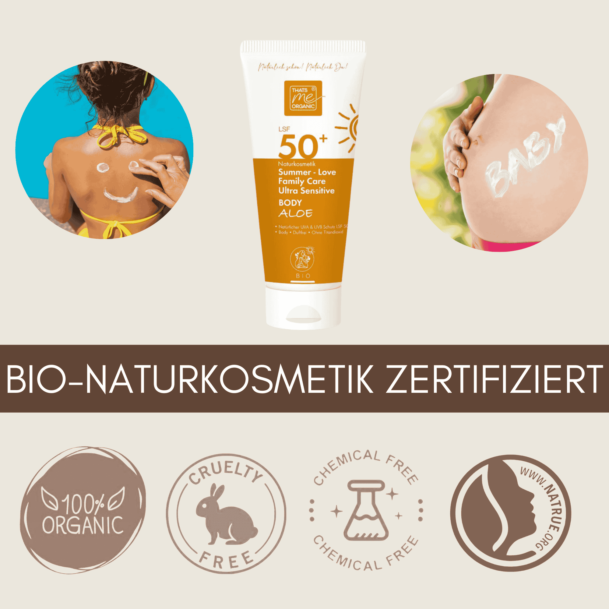 Summer Love Family Care Body Aloe LSF 50 ist zertifizierte Bio Naturkosmetik und eignet sich besonders für empfindliche Haut, Familien und sensible Hauttypen