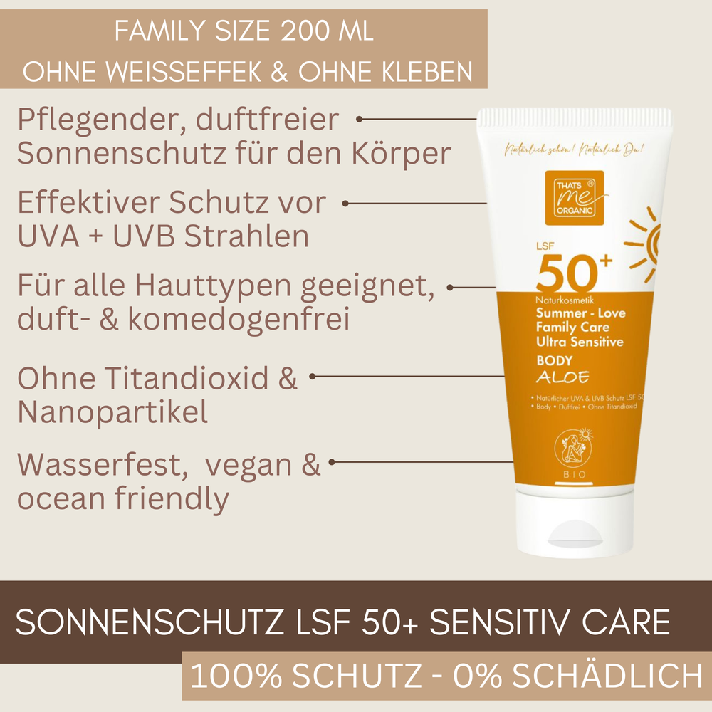 Summer Love Family Care Body Aloe LSF 50 bietet starken Sonnenschutz für empfindliche Haut, zieht schnell ein, klebt nicht und hinterlässt keinen Weißeffekt