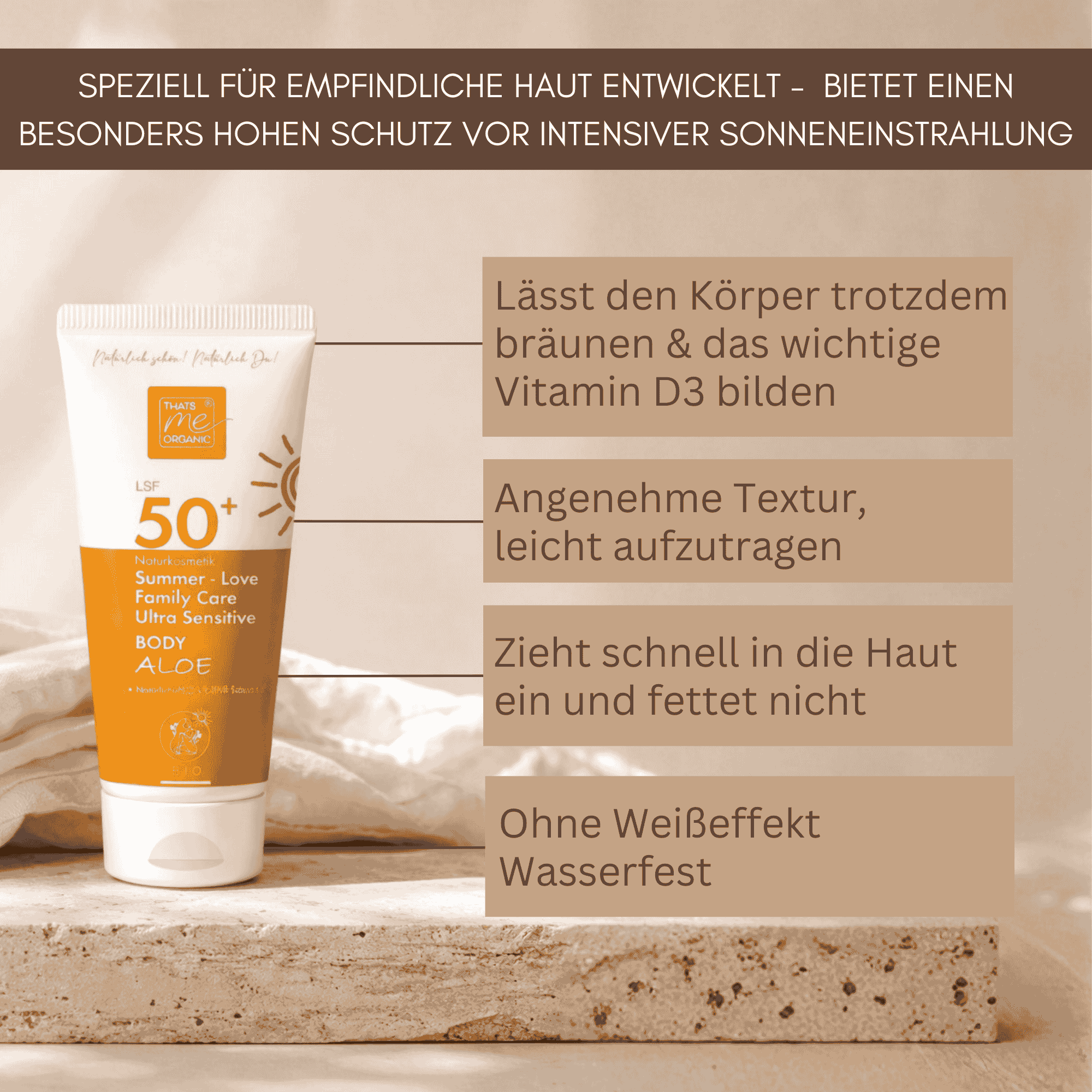 Summer Love Family Care Body Aloe LSF 50 Sonnenschutz ohne Titandioxid und Nanopartikel – duftfrei, wasserfest, reef friendly und ideal für alle Hauttypen