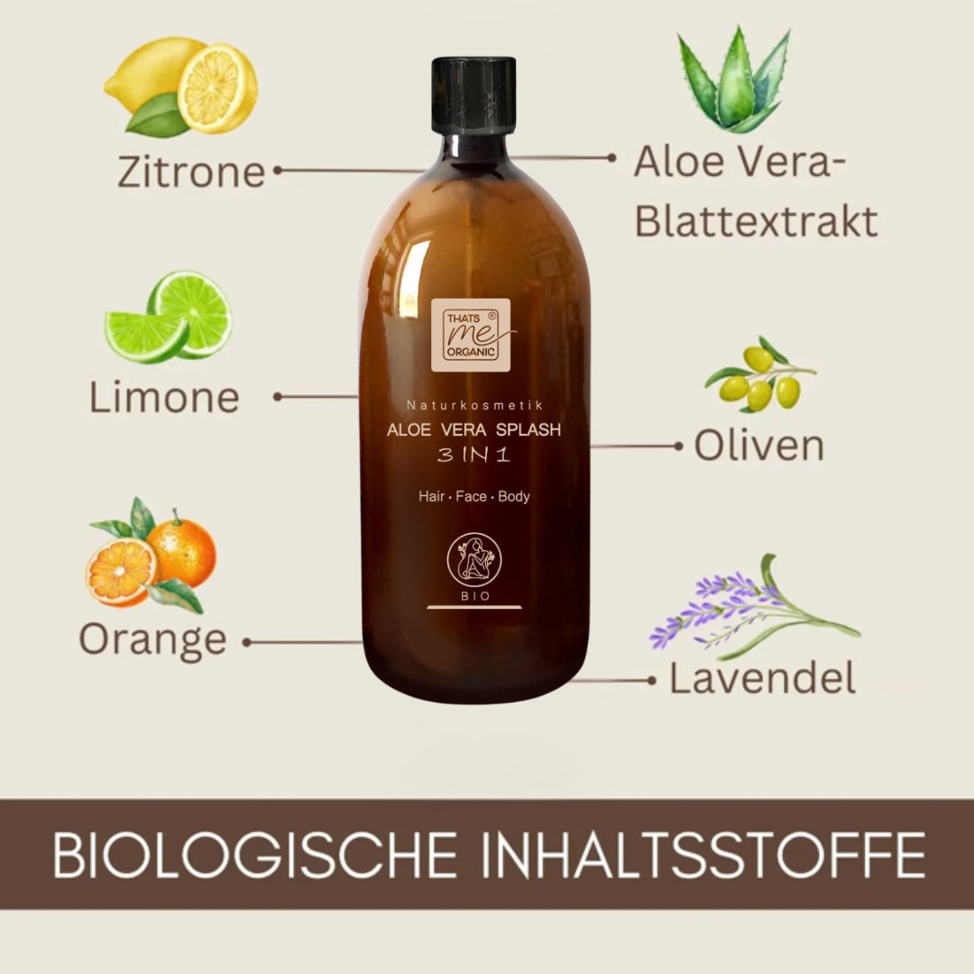 Braune Flasche mit der Aufschrift "Thats me organic® Bio Aloe Vera Splash 3 in 1" mit Symbolen aus natürlichen Inhaltsstoffen, 1000ml Nachfüllflasche - Naturkosmetik für frische, sanfte Pflege.