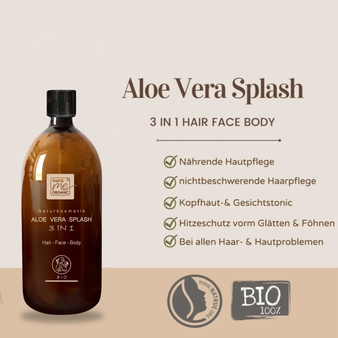 Braune Flasche Thats me organic® Aloe Vera Splash 3-in-1 für Haar, Gesicht und Körper mit deutschem Text, Naturkosmetik-Branding, BIO-Label und als praktische Nachfüllflasche 1000ml.