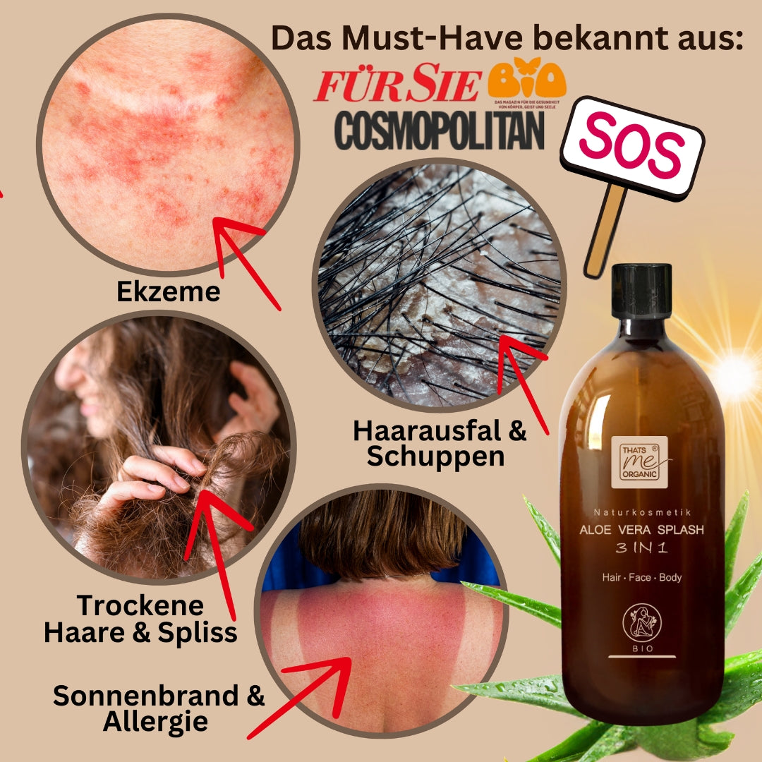Collage mit Thats me organic® Bio Aloe Vera Splash Nachfüllflasche 1000ml mit Bildern von Ekzemen, Haarausfall, trockenem Haar, Sonnenbrand und deutschem Text, der die wohltuende Wirkung von Naturkosmetik zeigt.