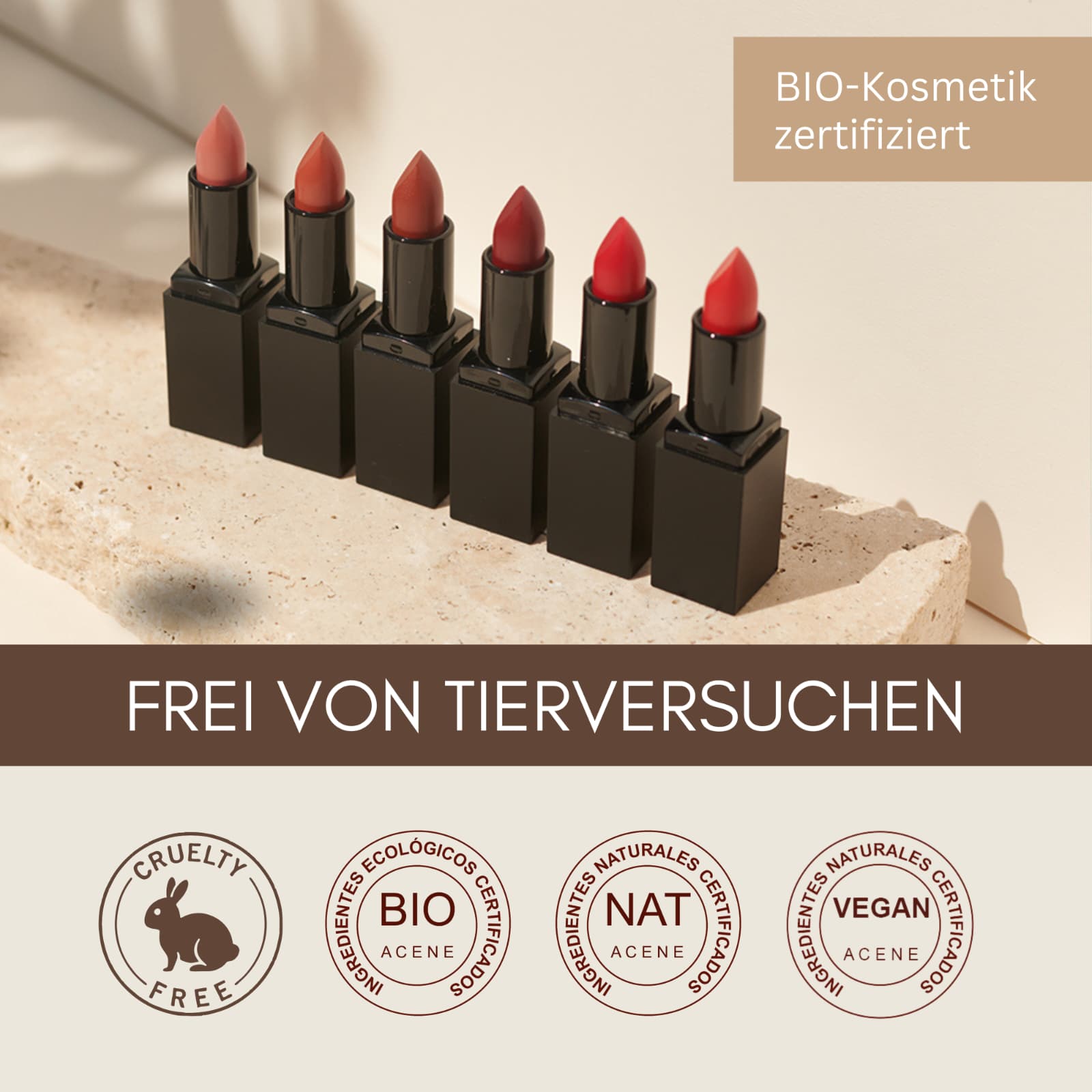 Bio-Lippenstift - vegan, tierversuchsfrei + ohne Titandioxid – langanhaltend + Pflegend