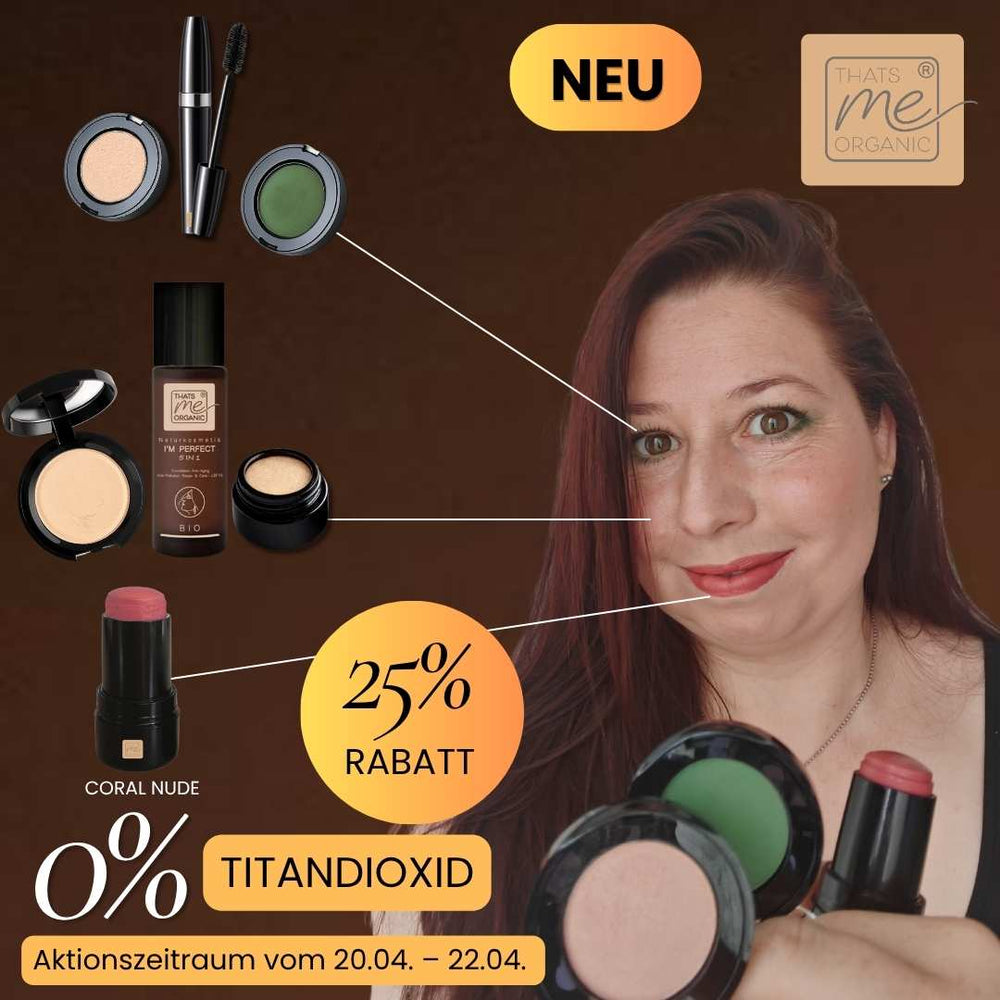 Model zeigt Make up Look mit Coral Nude Stick und grünem Lidschatten mit 25 Prozent Rabatt ohne Titandioxid