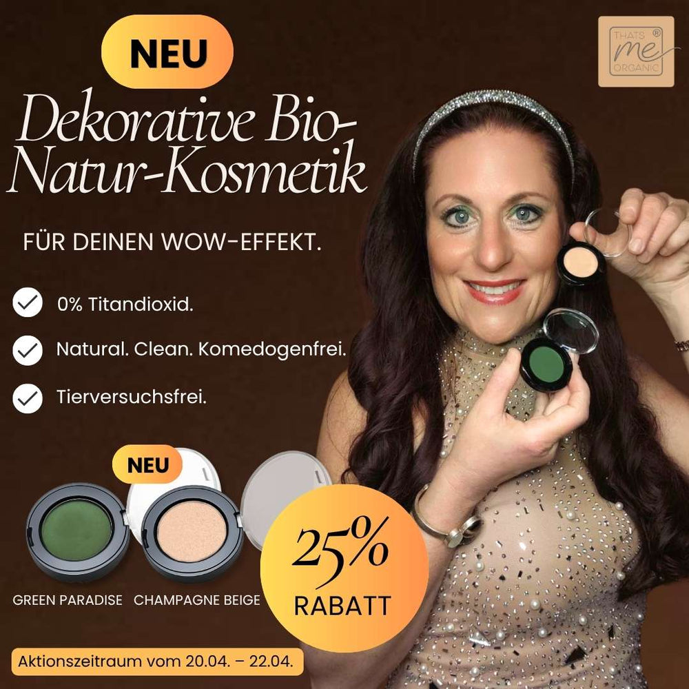 Dekorative Bio Naturkosmetik von Thats me organic für deinen Wow Effekt, Lidschatten in Green Paradise und Champagne Beige, natürliche Farben ohne Titandioxid, 25 Prozent Rabatt Aktion