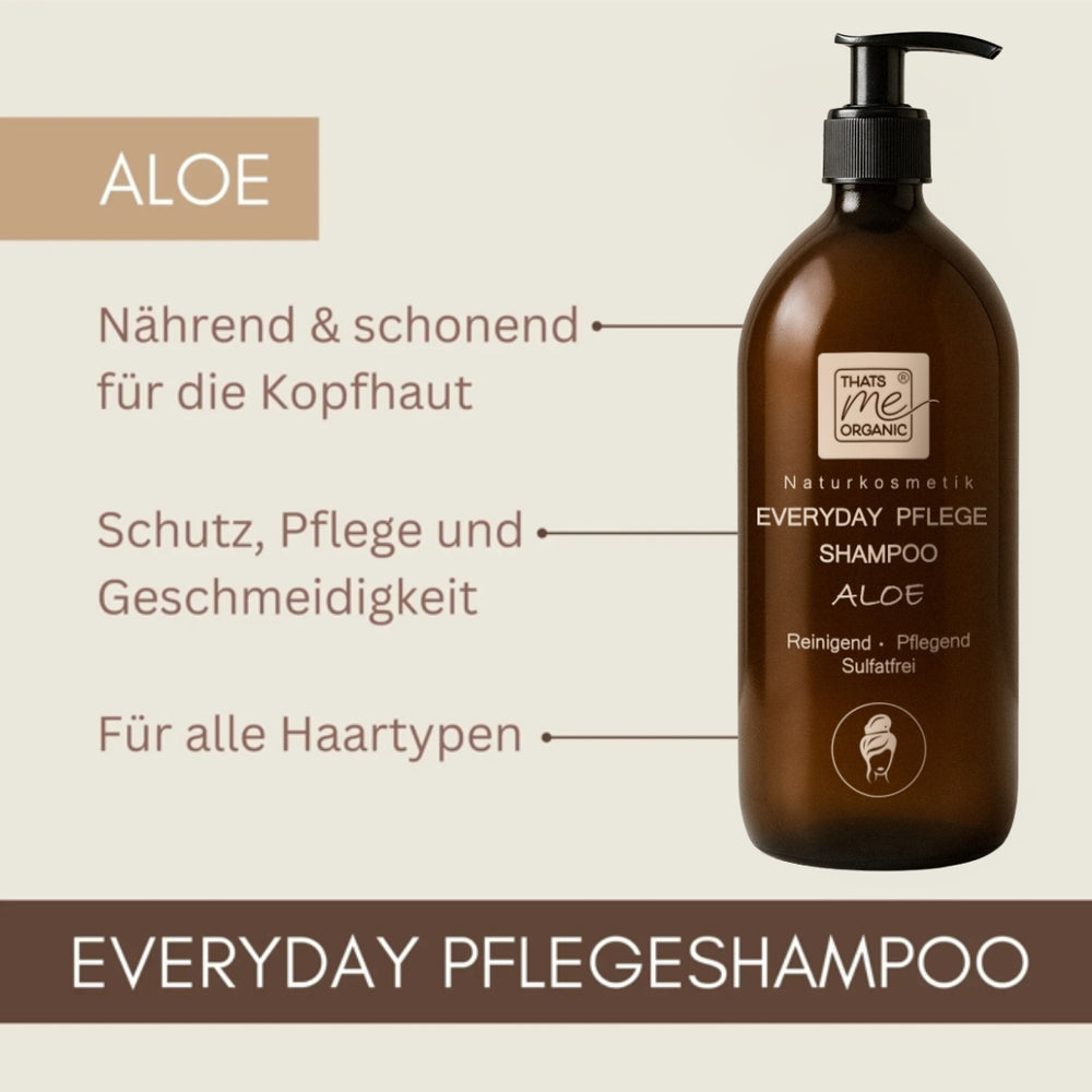 Braune Flasche Thats me organic® aloe everyday BIO-Shampoo mit deutschem Text, der die sanfte, sulfatfreie Pflege und die nährende Formel für alle Haartypen hervorhebt.