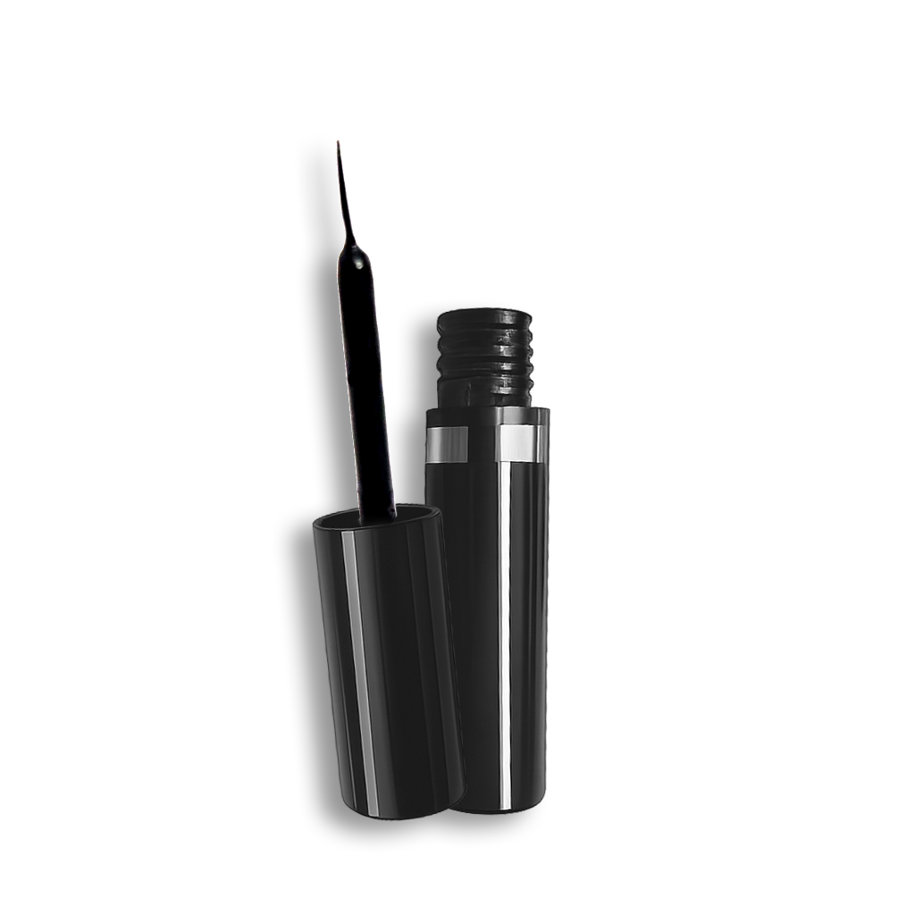 Ein schwarzer Thats me Organic® Bio Eyeliner ohne Titandioxid mit abgenommener Kappe und aufrecht stehendem Applikatorstab, ideal für empfindliche Augen.