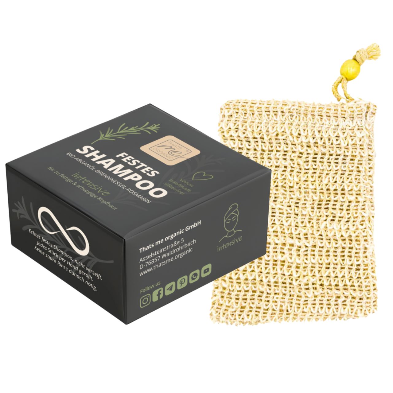 Eine Dose Thats me Organic® festes Shampoo befindet sich neben einem beigen Netzbeutel mit einem gelben Perlenkordelzug und bietet ein umweltfreundliches Haarpflegeerlebnis.