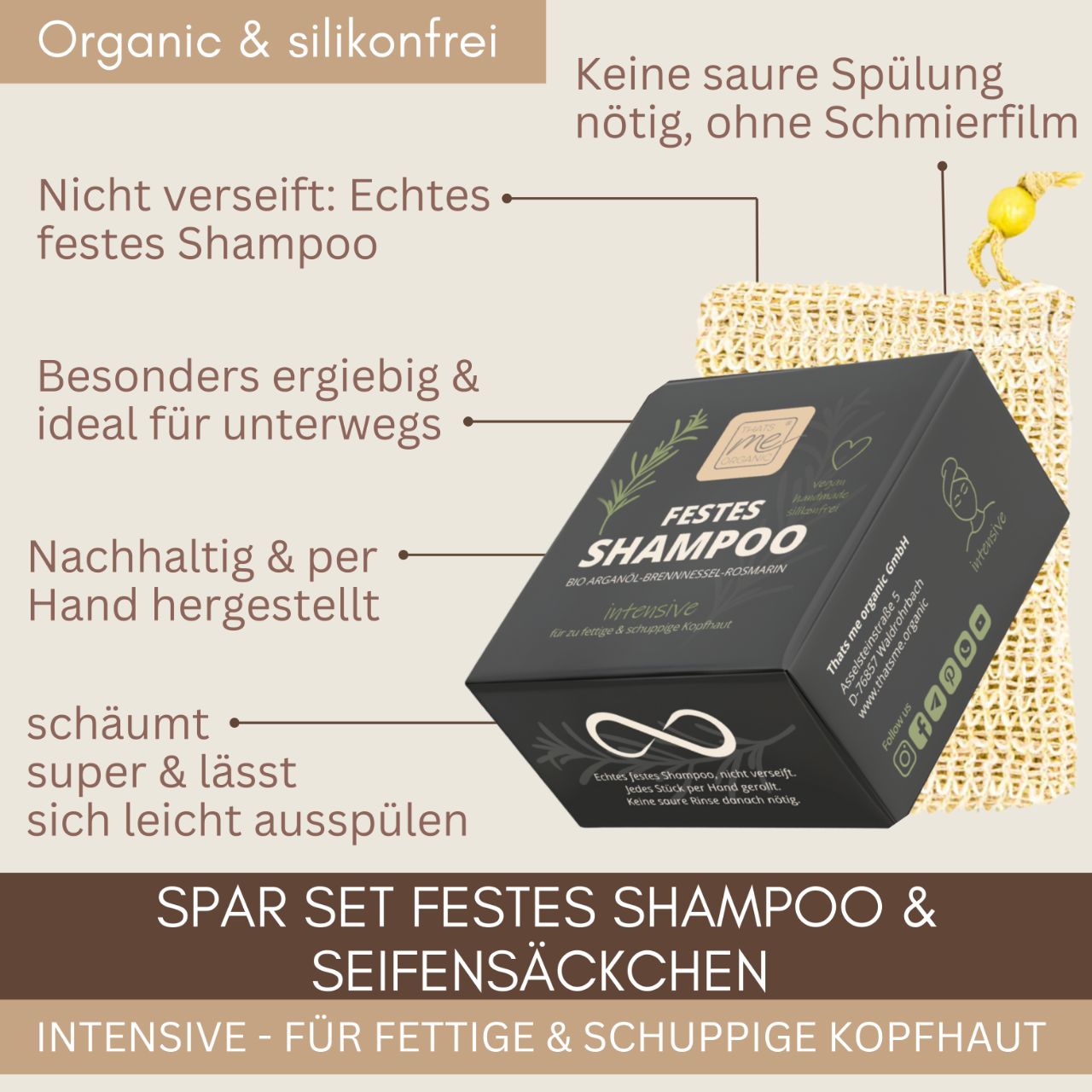 Braun-beiges Design für Thats me Organic® Brennessel Rosmarin festes Shampoo: Umweltfreundliches Shampoo plus Seifenbeutel, Produktbox und ausführlicher Beschreibung auf Deutsch.