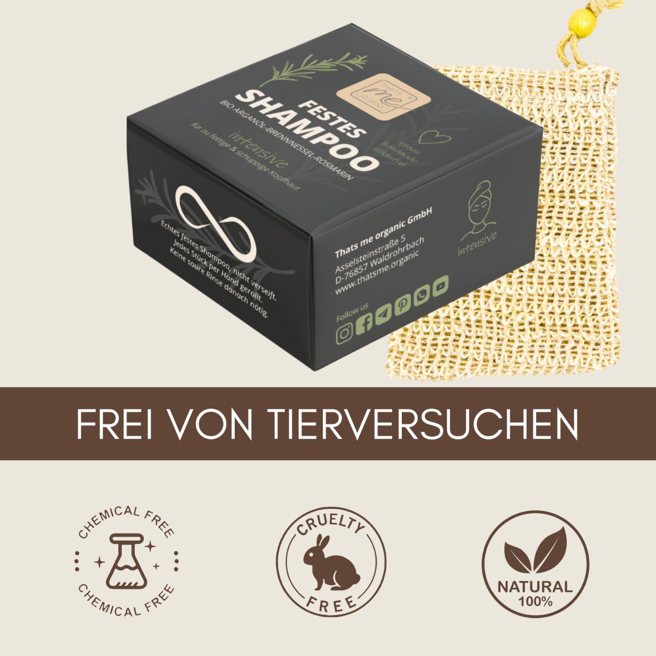 Eine Packung Thats me Organic® umweltfreundliches festes Shampoo mit chemiefreien, grausam freien, 100% natürlichen Symbolen, plus einem Netzbeutel.