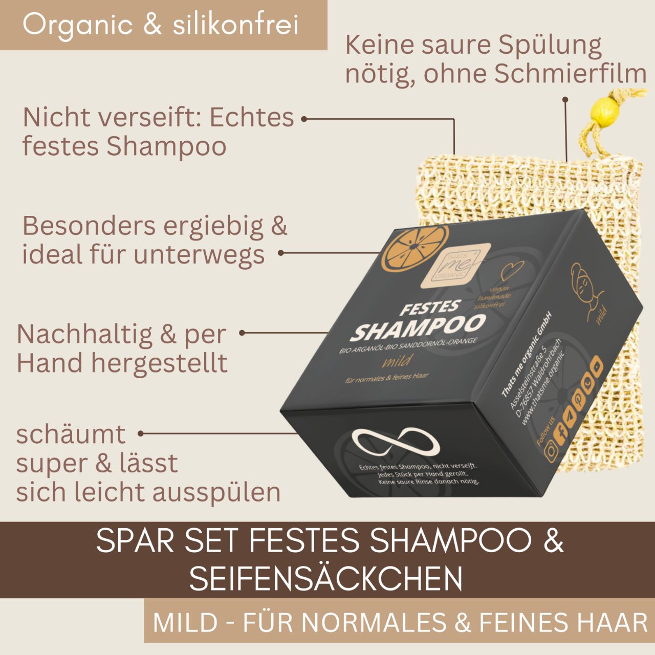 Eine Dose Thats me Organic® festes Shampoo mit BIO Arganöl steht neben einem Seifenbeutel und einem Honiglöffel auf einem beigen Hintergrund.